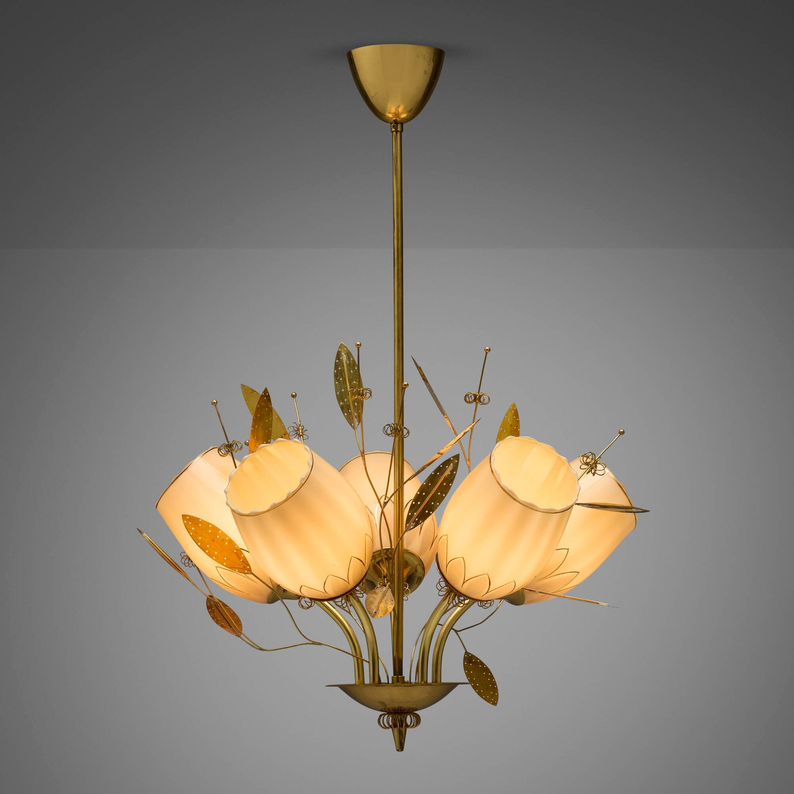 Itsu, Chandelier, model ER 110/5: Itsu Chandelier, model ER 110/5 Finland, c. 1956 brass, glass with gilt and frosted decoration 27.5 h x 19 dia in (70 x 48 cm) Impressed manufacturer's mark to mount 'Itsu'. Literature: Itsu Oy: