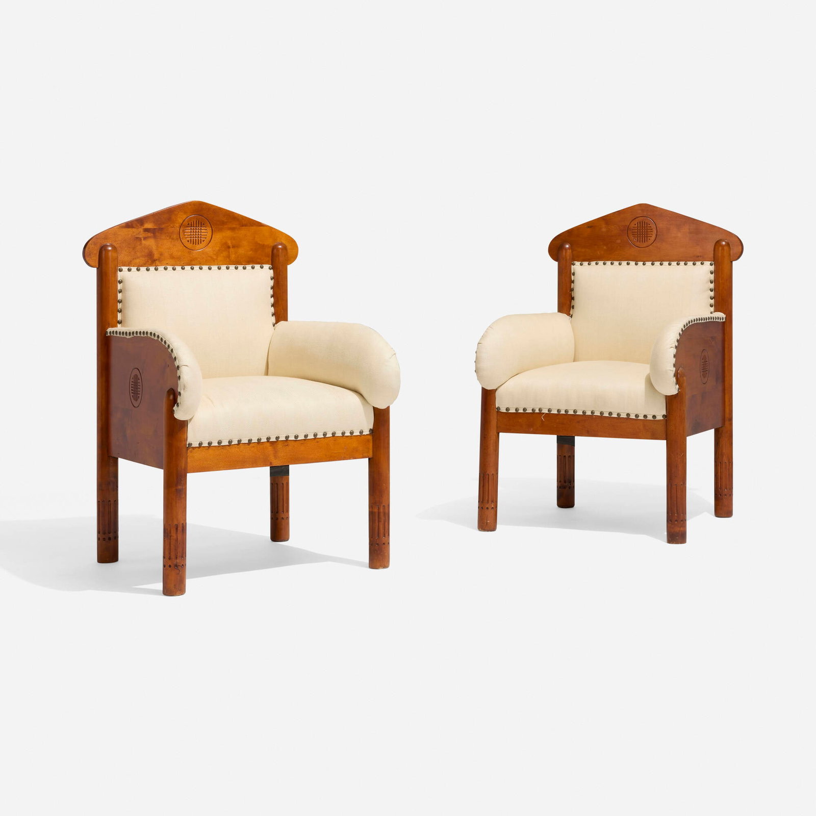 Arvid Rundberg and Kauno S. Kallio, Armchairs, pair: Arvid Rundberg and Kauno S. Kallio Armchairs, pair Finland, c. 1902 carved and stained birch, upholstery, steel tacks 36.25 h x 24.5 w x 25 d in (92 x 62 x 63 cm) Designed by architects Kauno S.