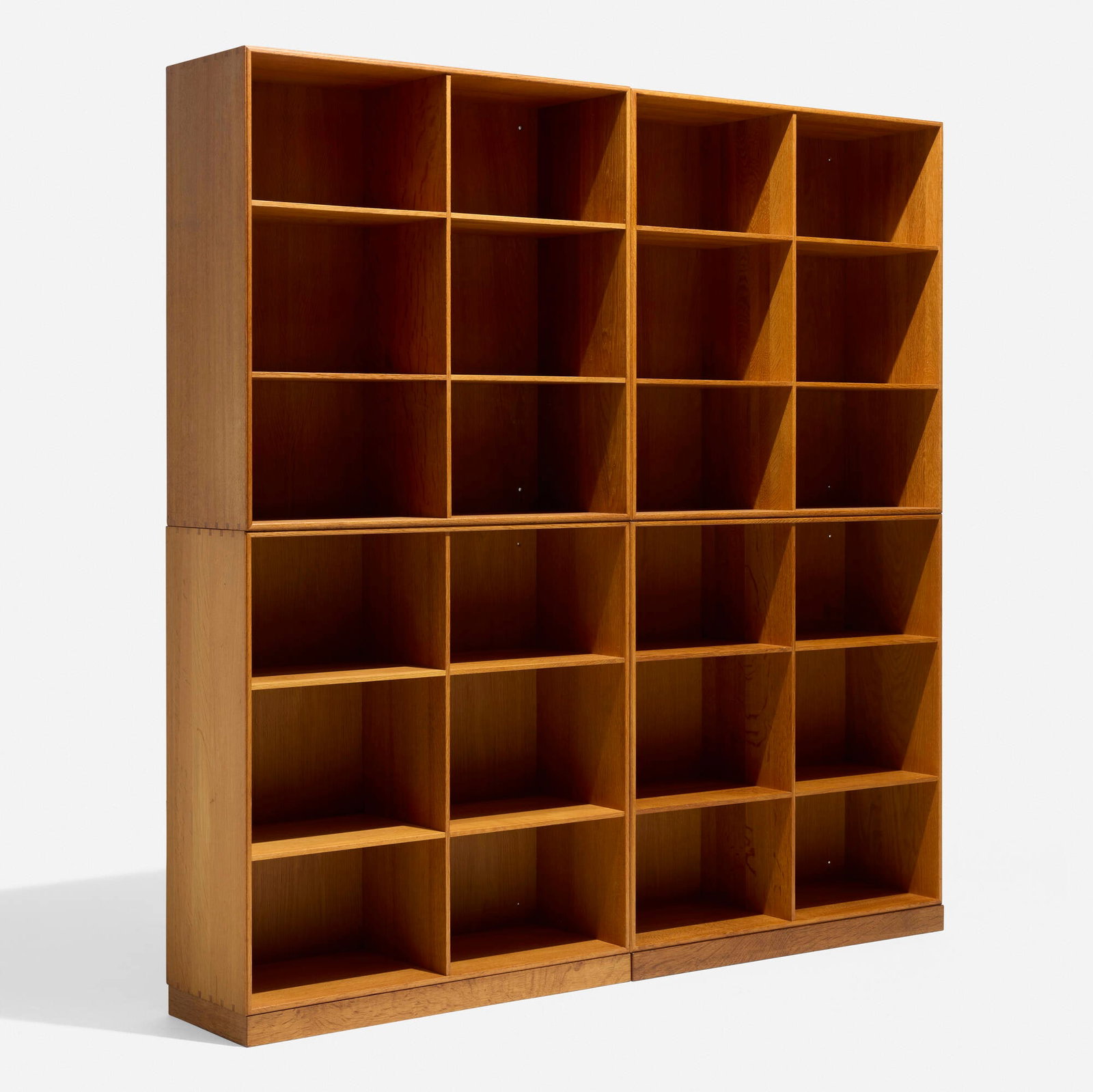 Mogens Koch, Bookcases, set of four: Mogens Koch Bookcases, set of four Rud. Rasmussens Snedkerier Denmark, c. 1960 oak overall: 62 h x 60 w x 11 d in (157 x 152 x 28 cm) each case: 30 h x 30 w x 11 d in (76 x 76 x 28 cm) Set is