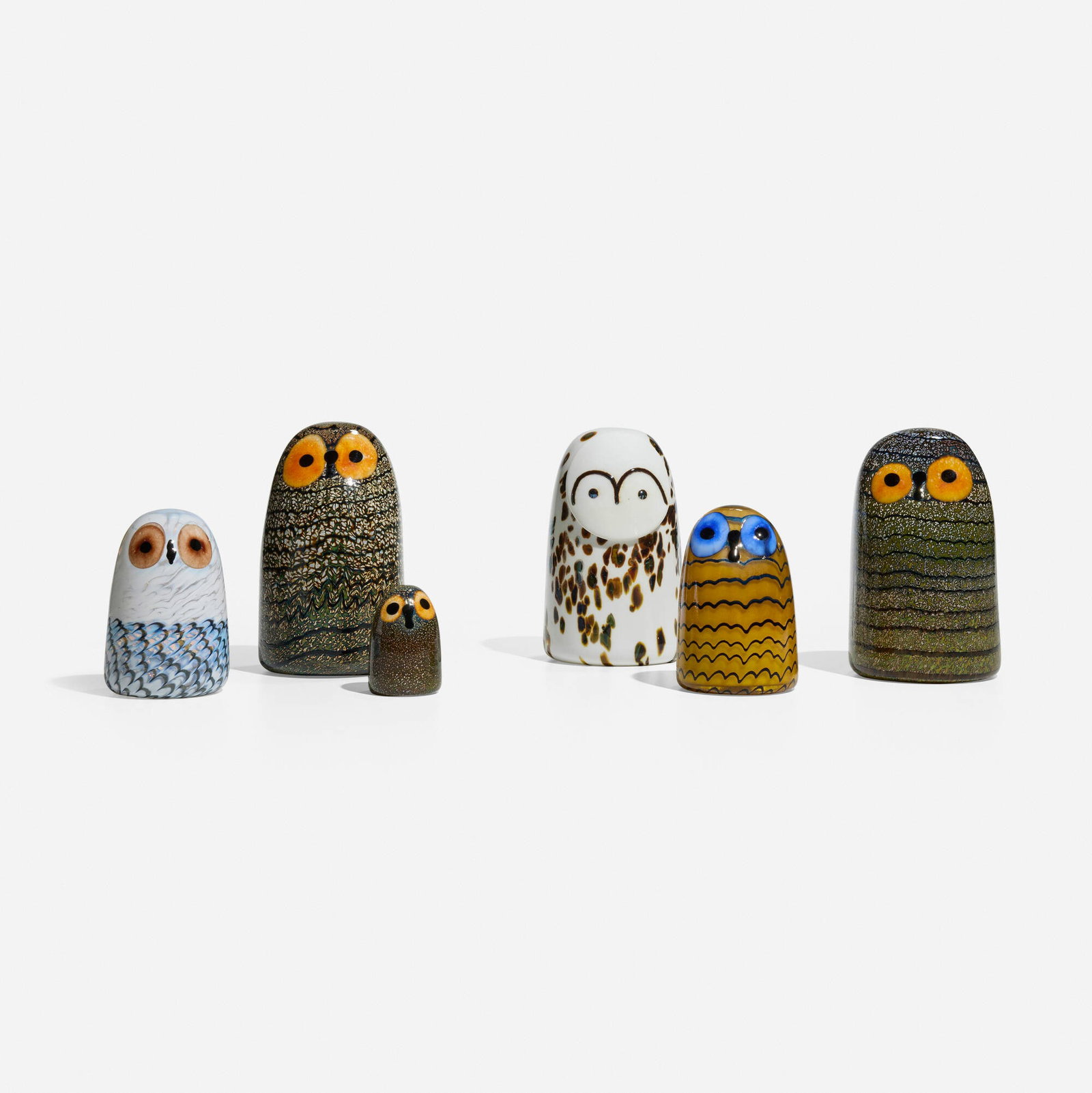 Oiva Toikka, Collection of six owls: Oiva Toikka Collection of six owls Iittala Finland, 1997-2013 glass 6 h x 3.75 w x 4.125 d in (15 x 10 x 10 cm) 4.375 h x 2.875 dia in (11 x 7 cm) 2.5 h x 1.75 dia in (6 x 4 cm) Acid-etched signature