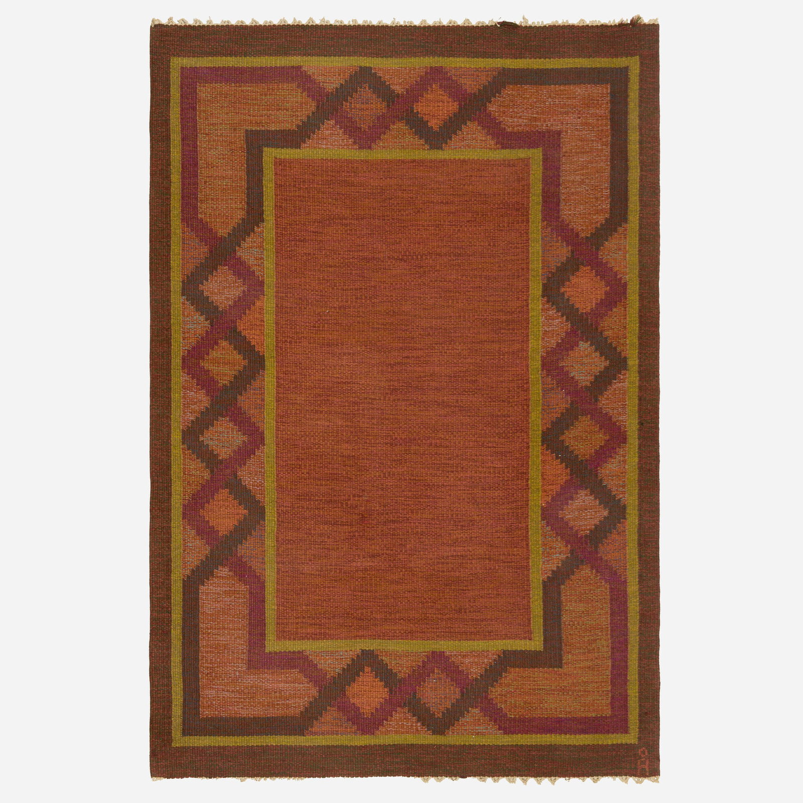 Anna Johanna Angstrom, Flatweave carpet: Anna Johanna Angstrom Flatweave carpet Sweden, c. 1965 hand-woven wool 4'5" x 6'6" in (136 x 199 cm) Woven signature to lower edge 'A'. This work will ship from Chicago, Illinois.