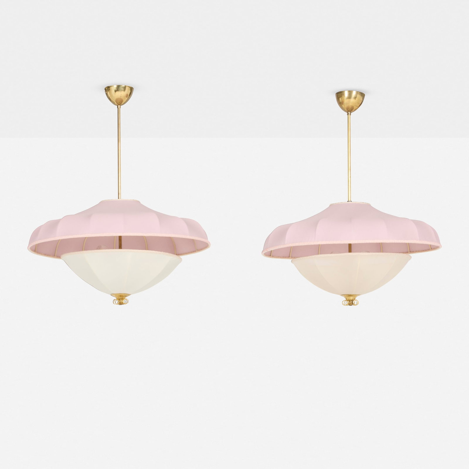 Itsu, Hanging lamps, pair: Itsu Hanging lamps, pair Finland, c. 1955 brass, silk and polyester shades 29 h x 24 dia in (74 x 61 cm) Impressed manufacturer's mark to interior mount of one example 'Itsu'. Provenance: Private