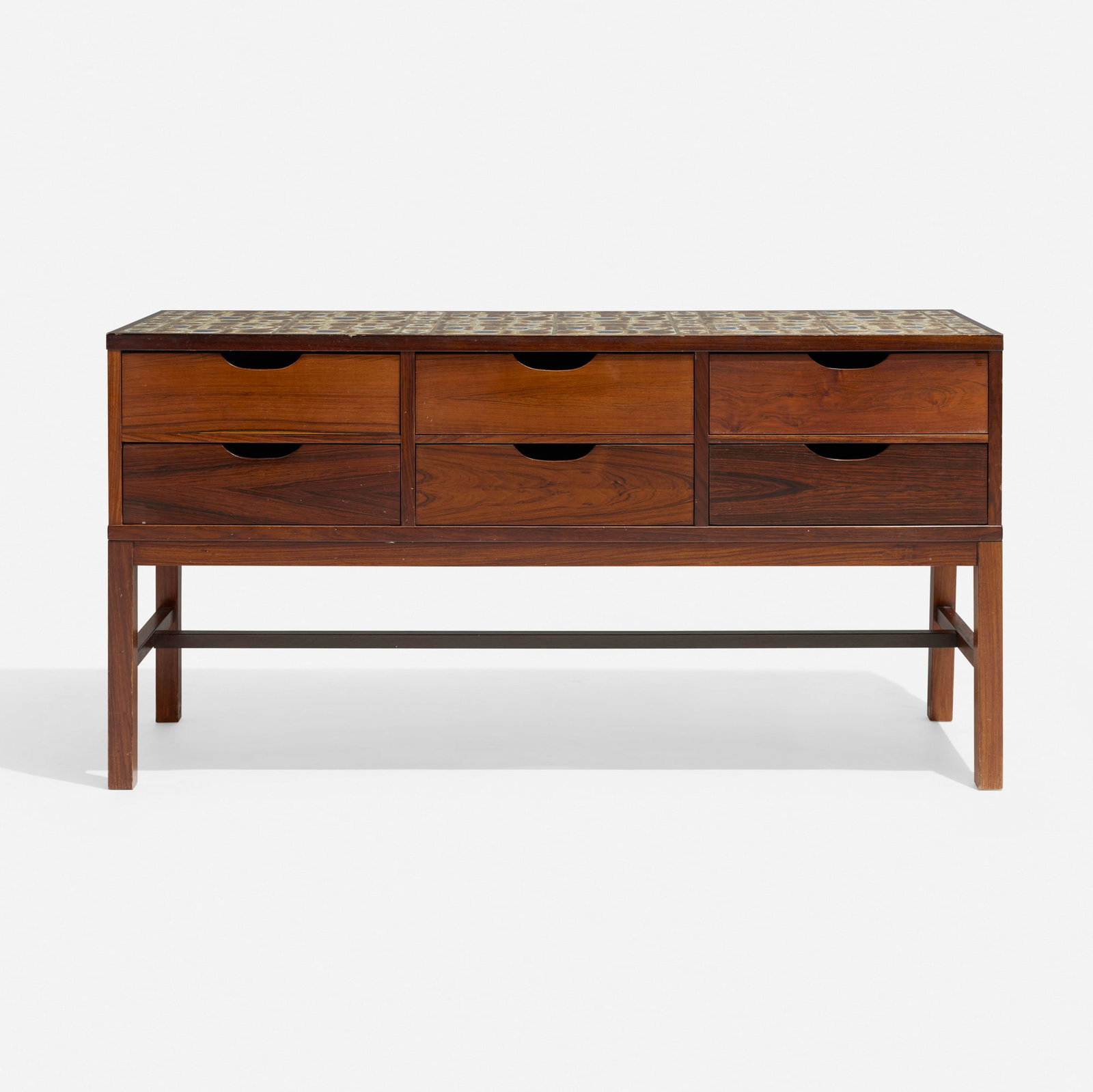 Severin Hansen Jr., Low cabinet: Severin Hansen Jr. Low cabinet Haslev Mobelsnedkeri A/S Denmark, c. 1960 rosewood, glazed ceramic tiles 23 h x 43.5 w x 14.5 d in (58 x 110 x 37 cm) Cabinet features ceramic tiles by Nils Thorsson