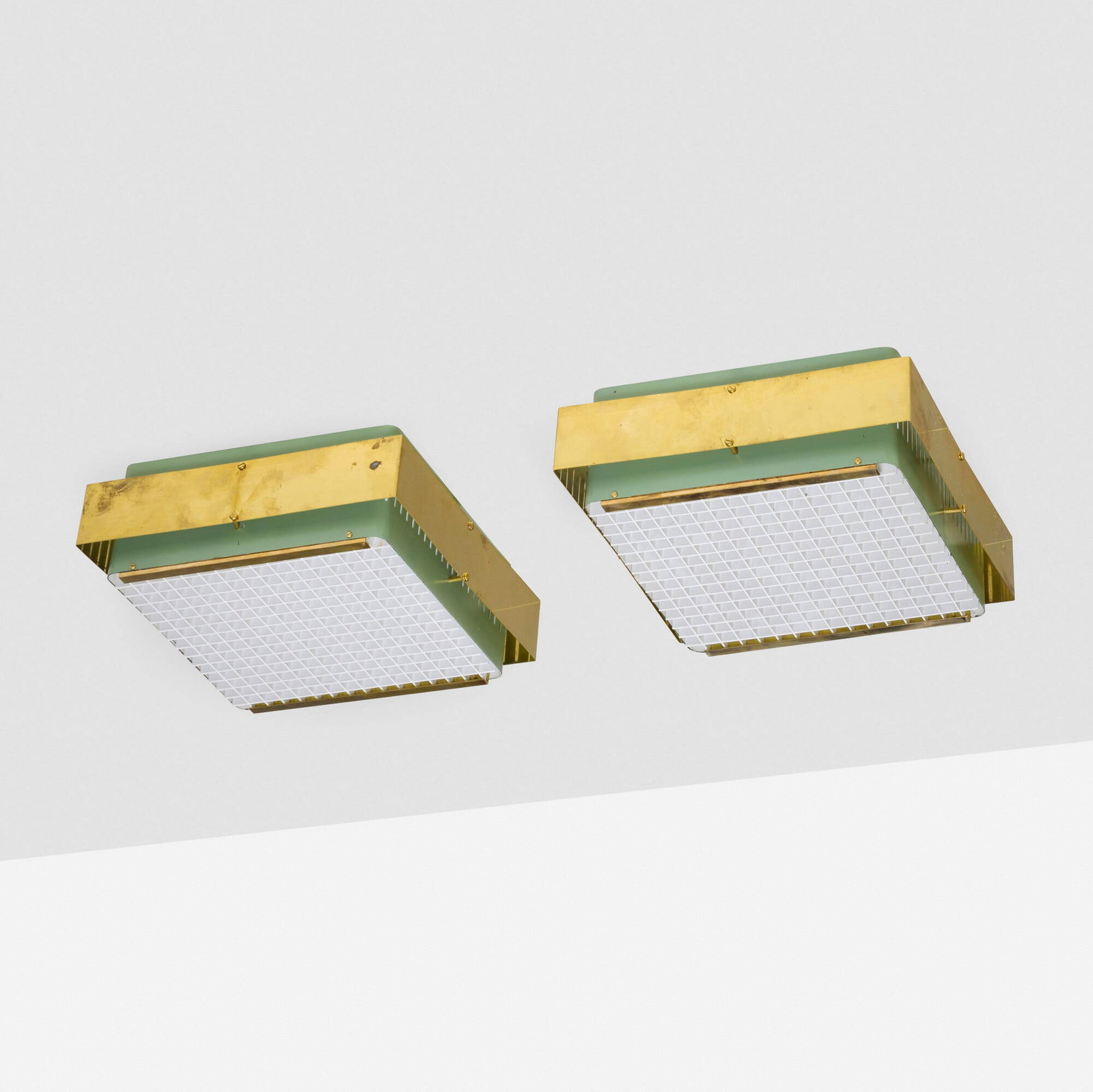 Itsu, Ceiling lamps model AE 37, pair: Itsu Ceiling lamps model AE 37, pair Finland, c. 1950 lacquered steel, brass 6 h x 16.25 w x 16.25 d in (15 x 41 x 41 cm) Impressed manufacturer's mark to interior of each example 'Itsu AE-37'.