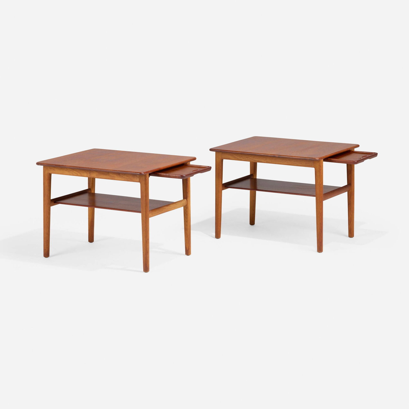 Hans J. Wegner, Tables, pair: Hans J. Wegner Tables, pair Johannes Hansen Denmark, c. 1955 teak 21 h x 26.5 w x 21.25 d in (53 x 67 x 54 cm) Set features two tables each with removable tray. Branded manufacturer's