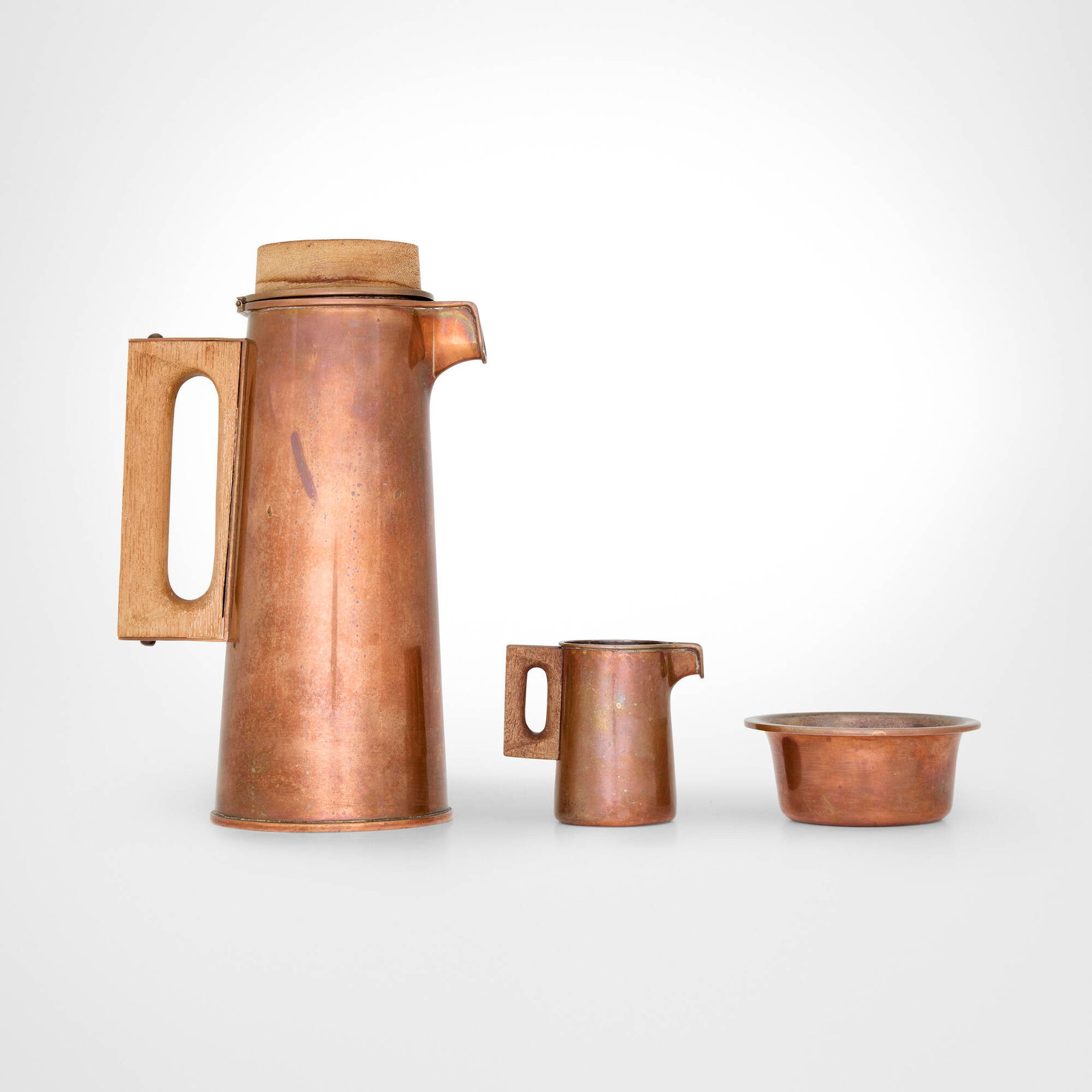 Tapio Wirkkala, Coffee service: Tapio Wirkkala Coffee service Kultakeskus Oy Finland, 1958 silver-lined copper, teak pot: 8.125 h x 5 w x 3.5 d in (21 x 13 x 9 cm) creamer: 2.5 h x 2.75 w x 1.75 d in (6 x 7 x 4 cm) sugar bowl: