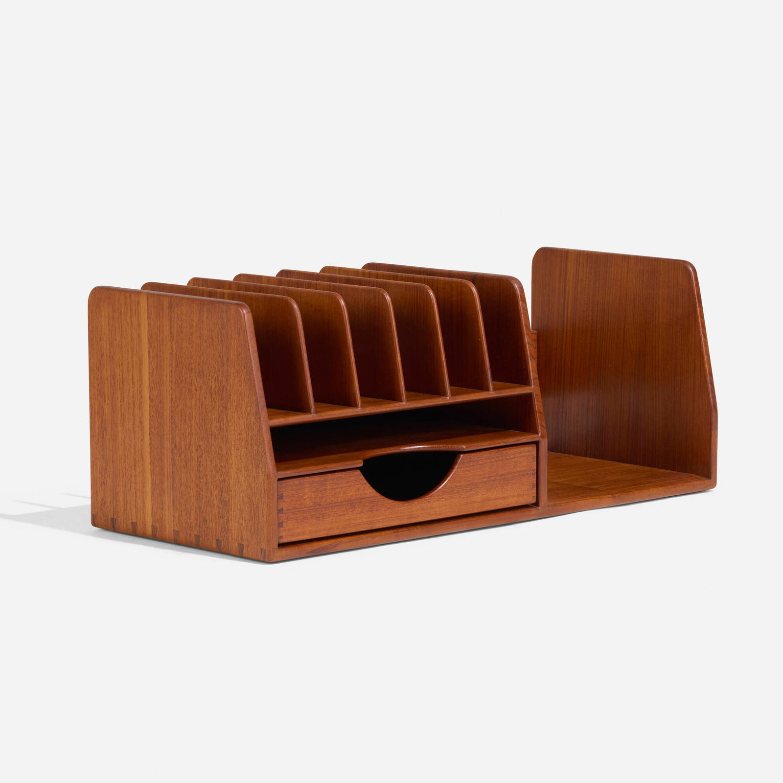 Hans J. Wegner, Desk organizer: Hans J. Wegner Desk organizer Johannes Hansen Denmark, c. 1950 teak 9.25 h x 24 w x 10.25 d in (23 x 61 x 26 cm) Organizer features one removable drawer. Branded manufacturer's mark to underside