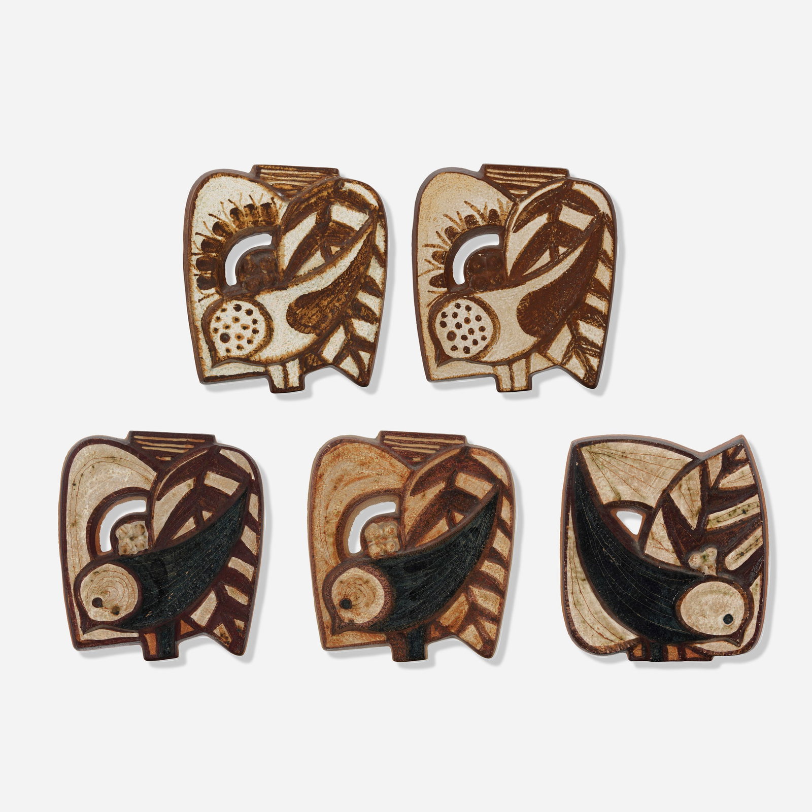 Noomi Backhausen, Collection of five bird tiles: Noomi Backhausen Collection of five bird tiles Soholm Denmark, c. 1975 glazed stoneware 9.25 h x 8.25 w x 1.25 d in (23 x 21 x 3 cm) Impressed manufacturer's mark to reverse of each example