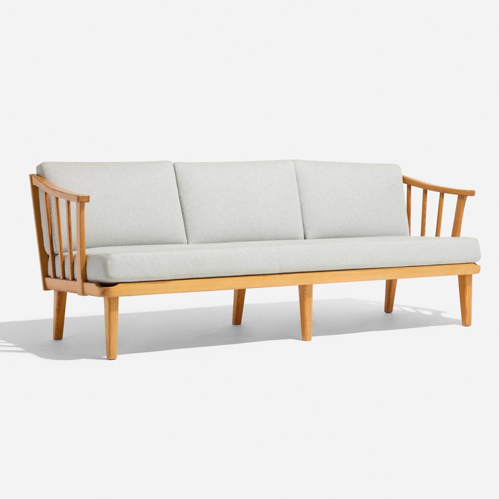 Carl Malmsten, Visingso sofa: Carl Malmsten Visingso sofa O.H. Sjogren / Mobel Komponerad AV Sweden, c. 1965 pine, upholstery 30.5 h x 80 w x 30.5 d in (77 x 203 x 77 cm) Metal manufacturer's label to interior �
