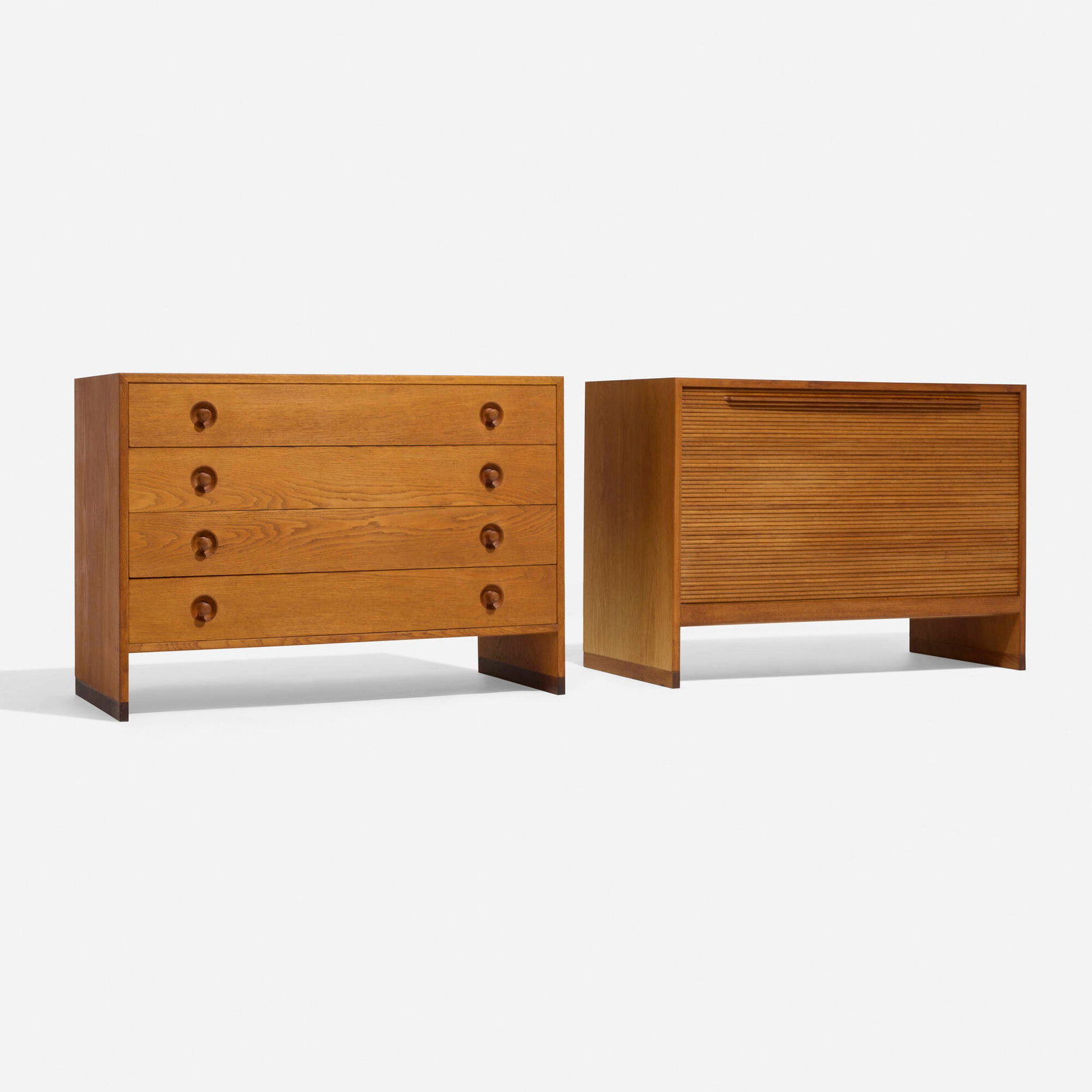 Hans J. Wegner, Cabinets, pair: Hans J. Wegner Cabinets, pair RY Mobler Denmark, c. 1955 oak, teak 28 h x 39.375 w x 19.75 d in (71 x 100 x 50 cm) One cabinet features four drawers. Additional cabinet features a roll-down tambour