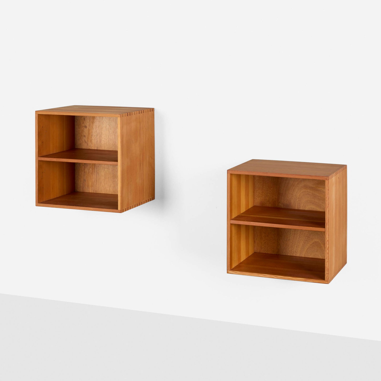 Danish Cabinetmaker, Wall-mounted nightstands, pair: Danish Cabinetmaker Wall-mounted nightstands, pair c. 1960 cedar 14.125 h x 14 w x 12 d in (36 x 36 x 30 cm) Nightstands each feature one fixed shelf. This work will ship from Chicago, Illinois.