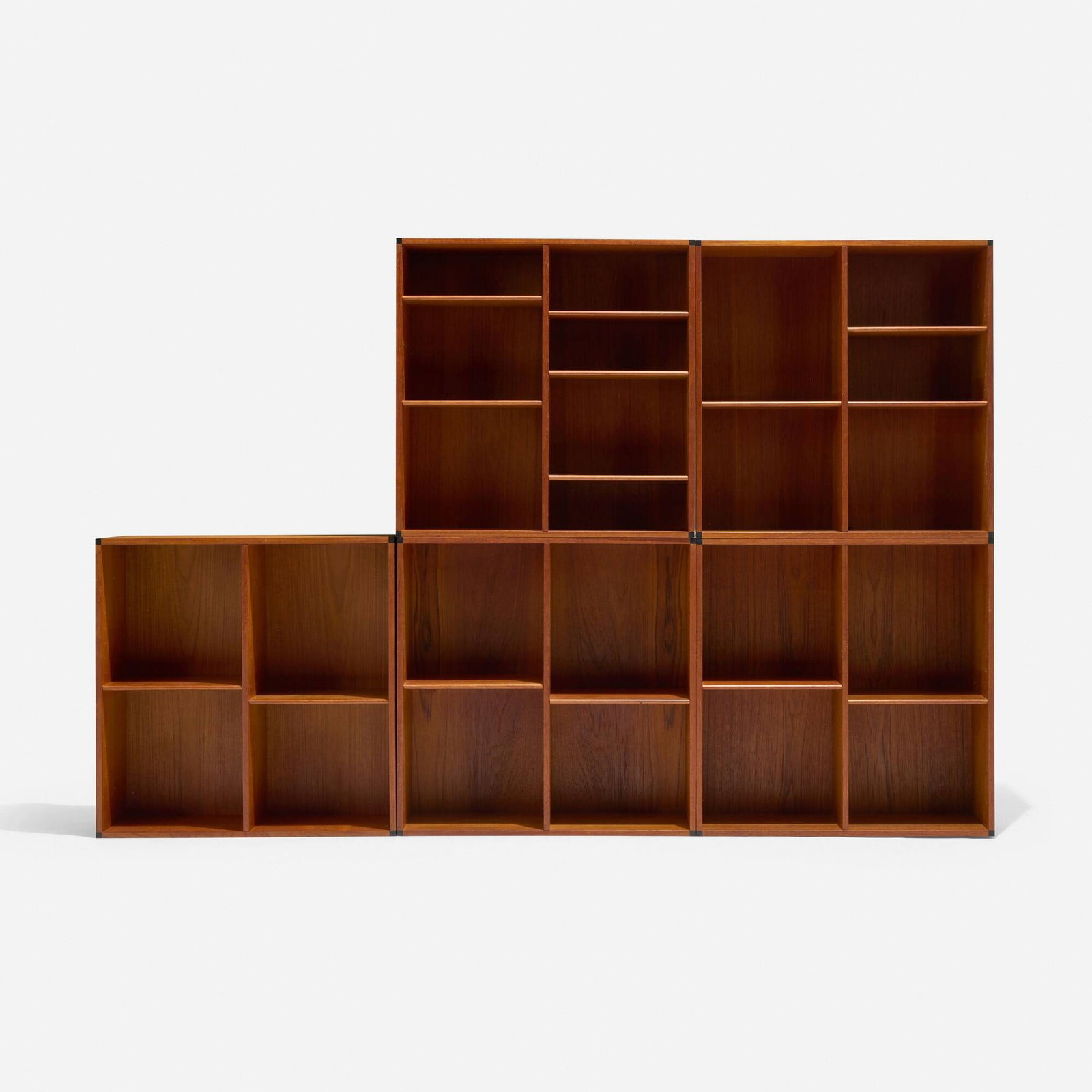 Hans Hove and Palle Petersen, Bookcases, set of five: Hans Hove and Palle Petersen Bookcases, set of five Denmark, c. 1960 teak, ebony each: 25.125 h x 25.125 w x 8.625 d in (64 x 64 x 22 cm) Set is comprised of five cases with a total of fourteen