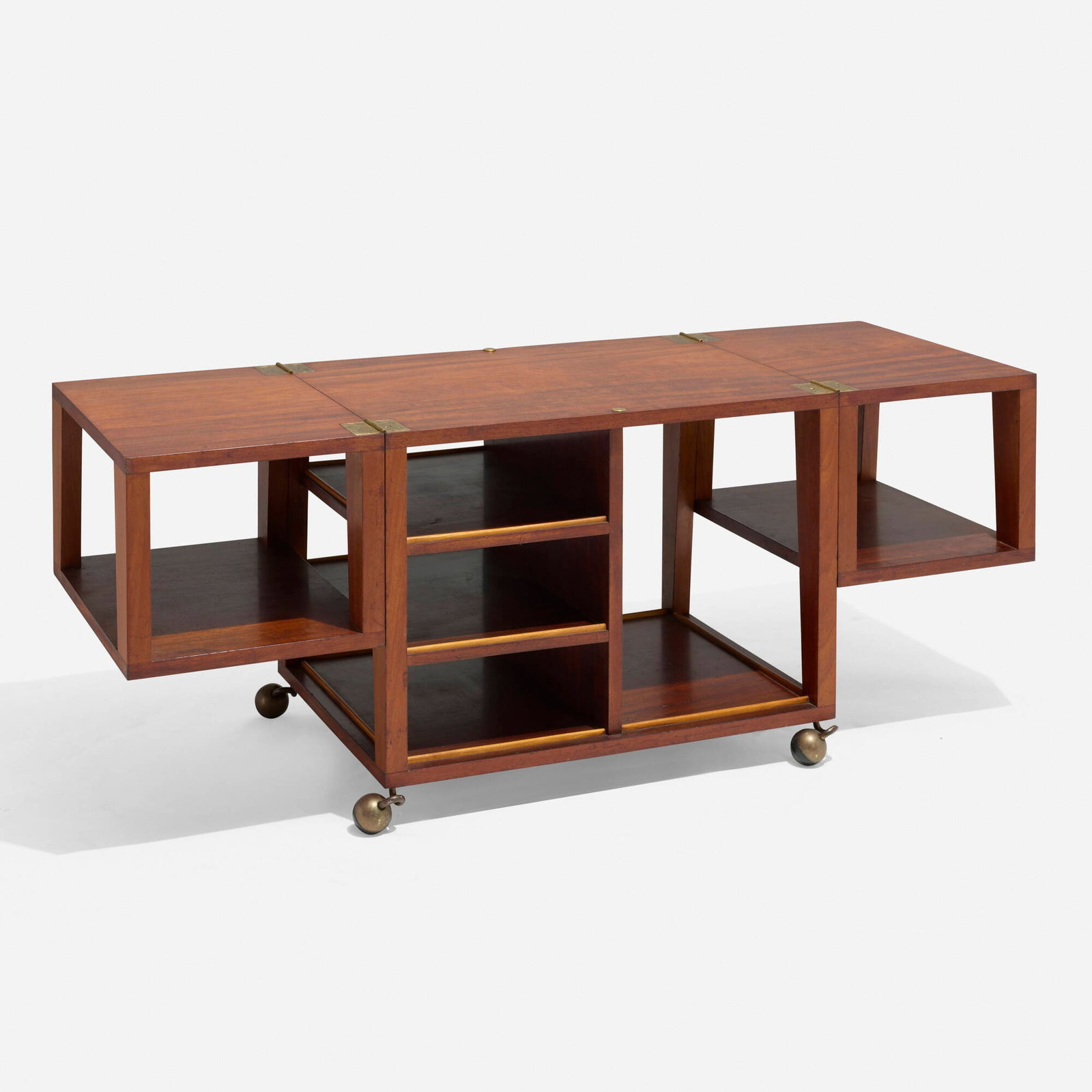 Danish Cabinetmaker, Flip-top bar cart: Danish Cabinetmaker Flip-top bar cart c. 1960 teak, brass, beech 28.25 h x 23.5 w x 17.75 d in (72 x 60 x 45 cm) Bar features two shelves, two storage compartments, and a flip-top with two storage