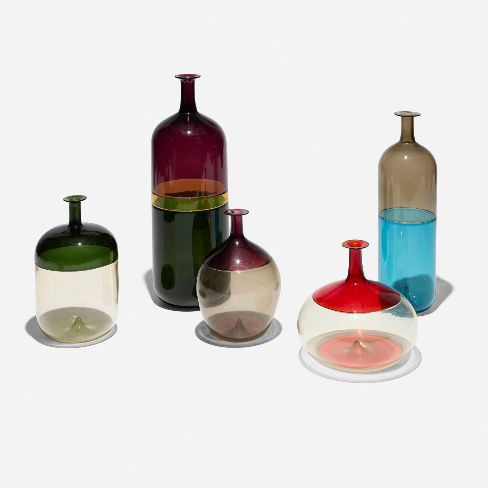 Tapio Wirkkala, Collection of five Bolle vases: Tapio Wirkkala Collection of five Bolle vases Venini Finland, 1997-98 incalmo glass largest: 16.375 h x 5.5 dia in (42 x 14 cm) smallest: 8.25 h x 5.25 dia in (21 x 13 cm) Etched signature and date