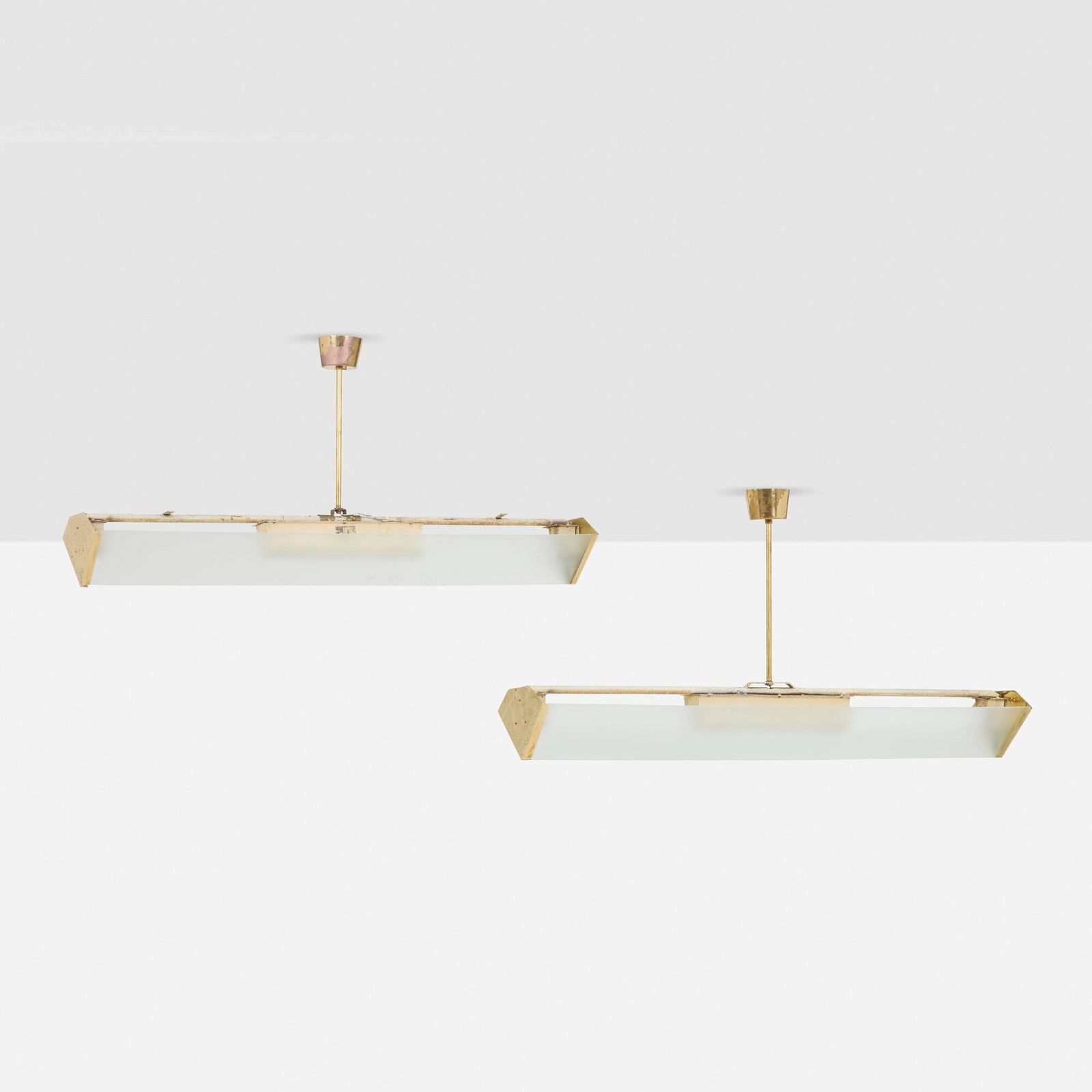 Lisa Johansson-Pape, Ceiling lamps, pair: Lisa Johansson-Pape Ceiling lamps, pair Jovi Oy Lahti Finland, c. 1955 brass, frosted glass, painted steel 24 h x 49 w x 9.5 d in (61 x 124 x 24 cm) Metal manufacturer's label to housing o