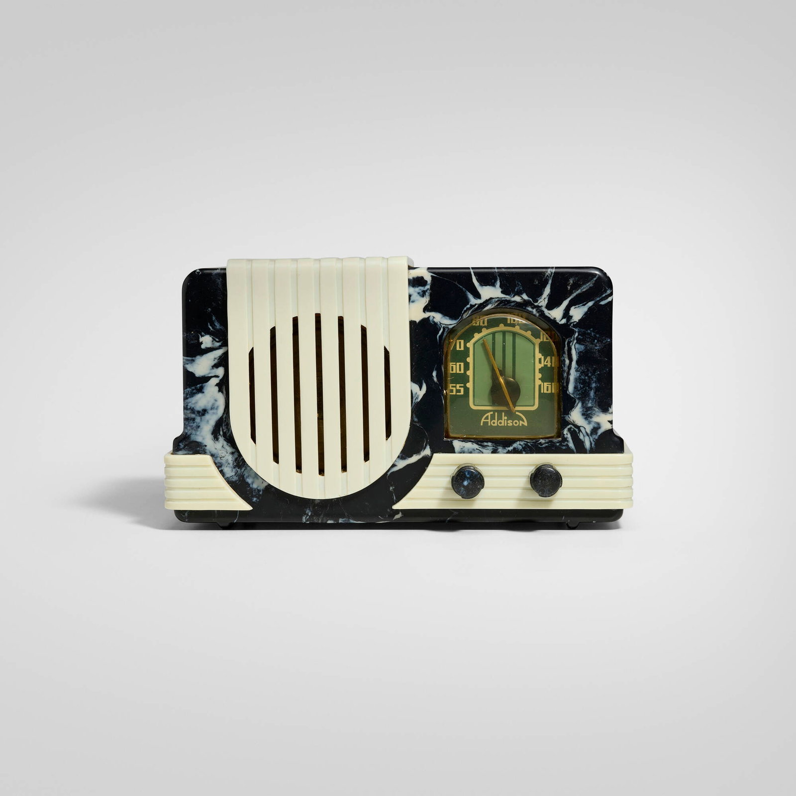 Addison Industries, Ltd., Waterfall radio, model A2D: Addison Industries, Ltd. Waterfall radio, model A2D Canada, c. 1940 Catalin, plastic 6 h x 10.25 w x 5.625 d in (15 x 26 x 14 cm) Metal manufacturer's label to interior 'Addison Industries