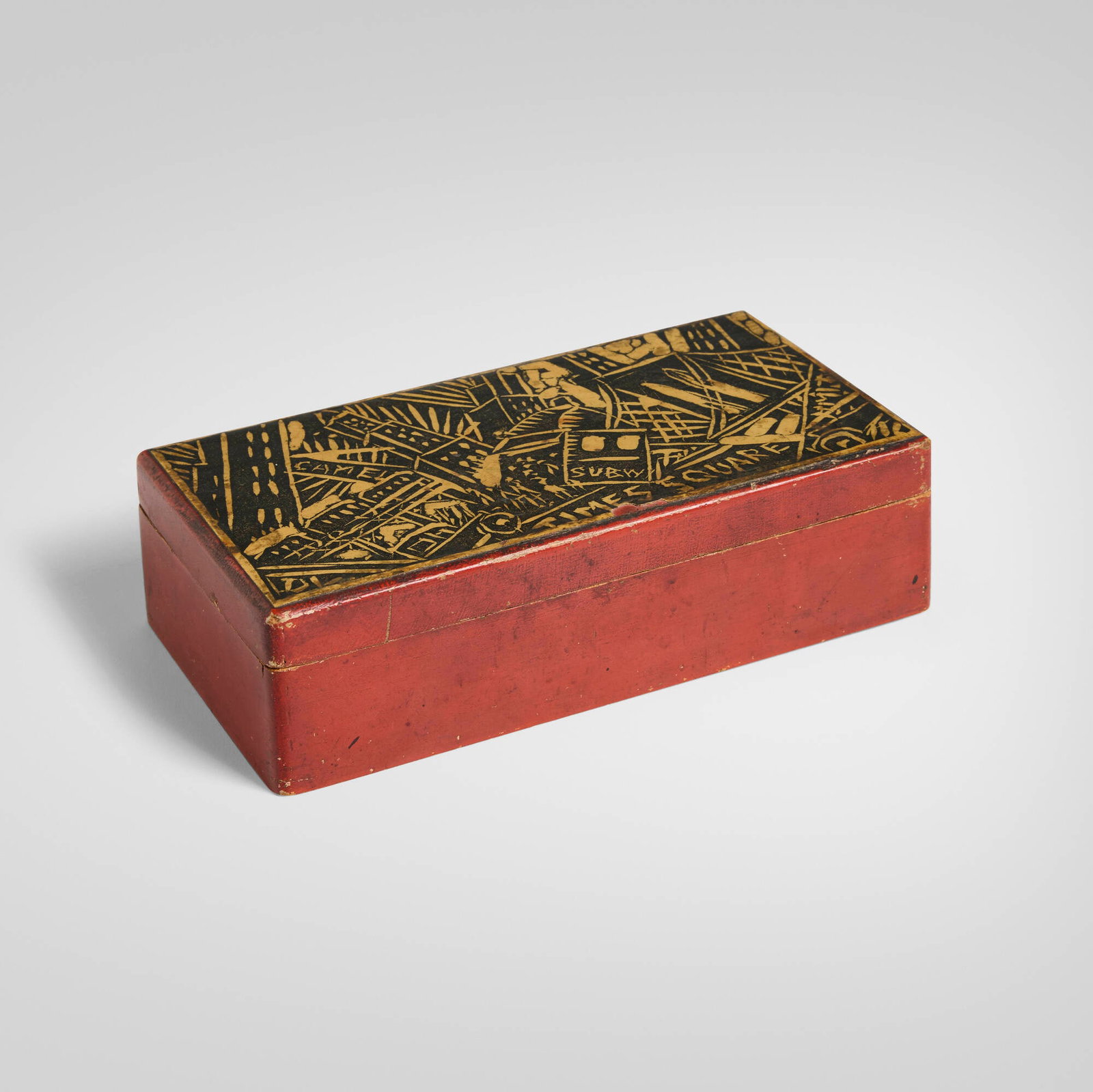 Donald Deskey, Rare matchbox: Donald Deskey Rare matchbox Deskey-Vollmer, Inc. USA, c. 1926 ink on paper applied to lacquered cedar 2 h x 7.625 w x 4 d in (5 x 19 x 10 cm) This box captures the energy of Jazz Age New York City, wi