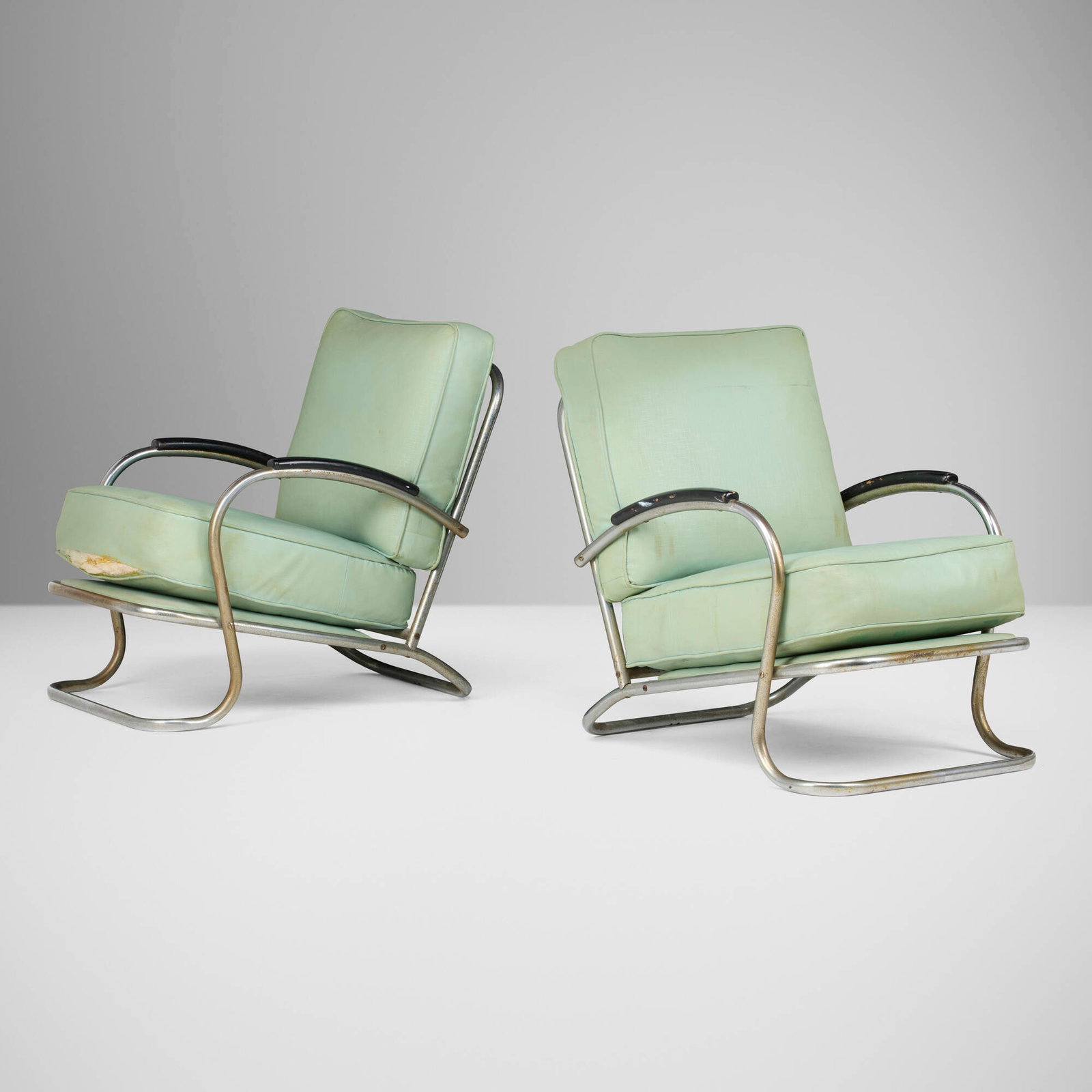 Machine Age, Lounge chairs, pair: Machine Age Lounge chairs, pair USA, c. 1935 vinyl, chrome-plated steel, enameled wood 32.5 h x 24.25 w x 36 d in (83 x 62 x 91 cm) This work will ship from Lambertville, New Jersey.