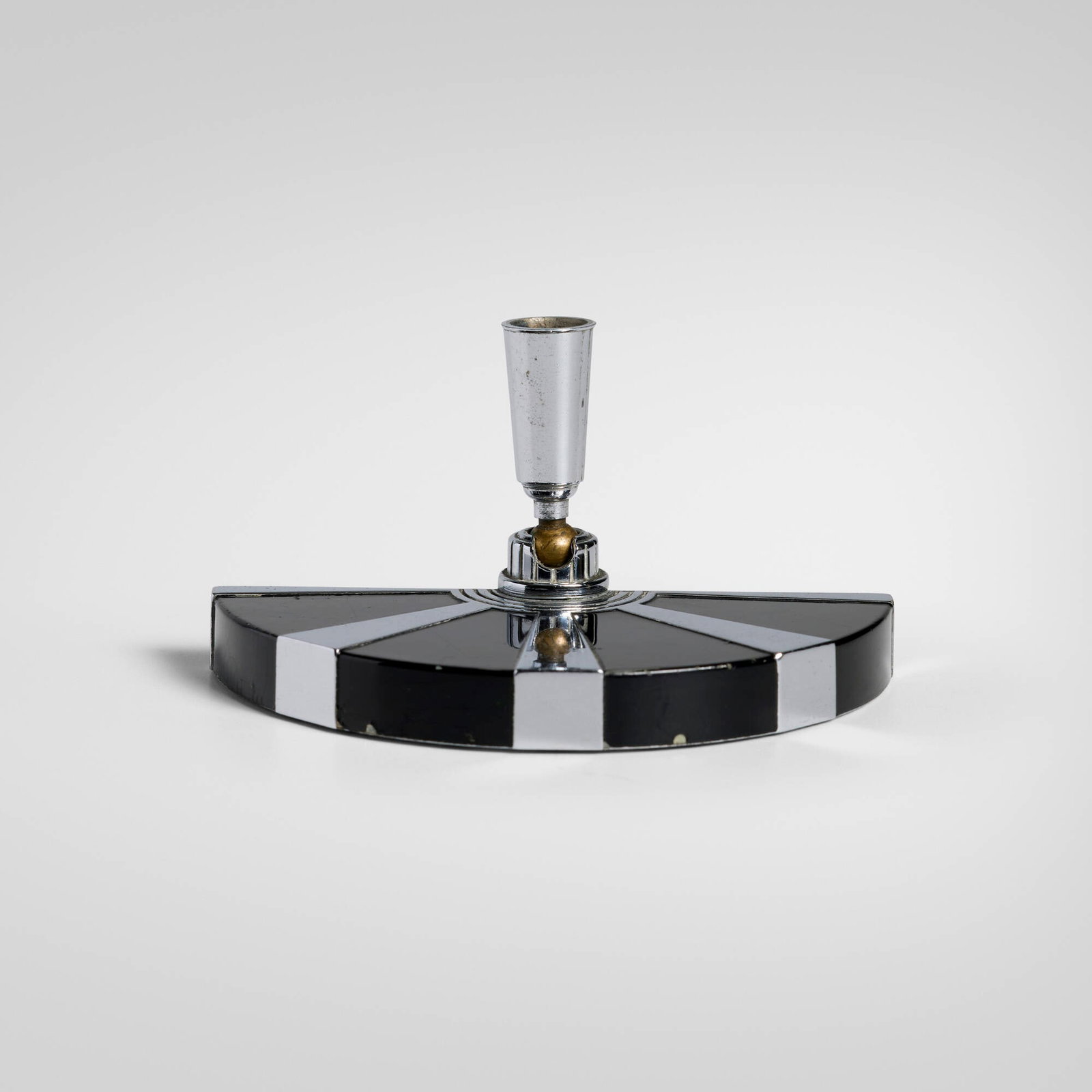 Art Deco, Fan-shaped pen holder: Art Deco Fan-shaped pen holder c. 1935 chrome-plated and enameled brass 2.5 h x 4.5 w x 2.625 d in (6 x 11 x 7 cm) Cast manufacturer's mark to underside '3'. Provenance: Private
