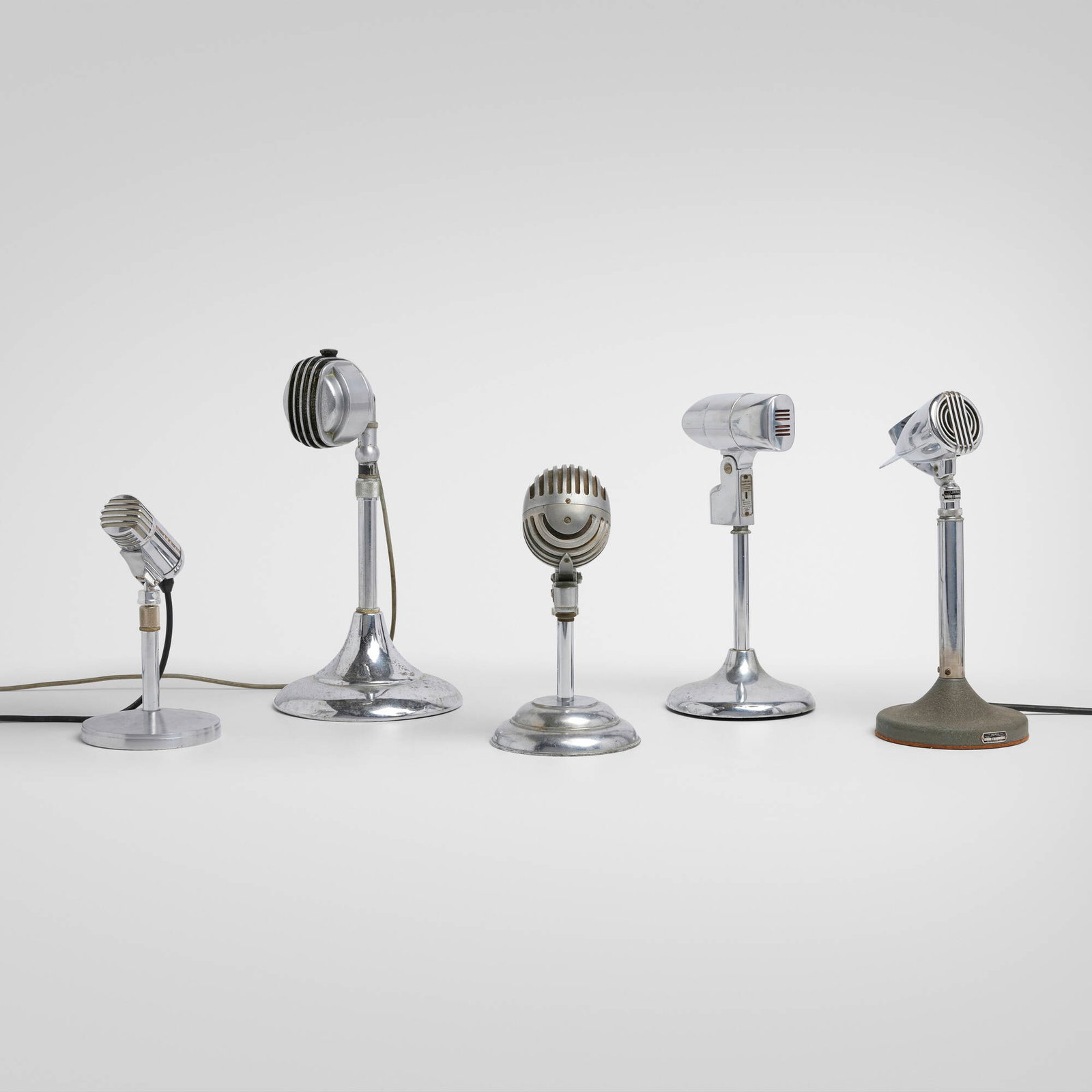 Machine Age, Collection of five microphones: Machine Age Collection of five microphones USA, c. 1945-1960 Chrome-plated steel, aluminum, plastic largest: 14.25 h x 7.625 dia in (36 x 19 cm) smallest: 9.25 h x 5.125 dia in (23 x 13 cm)