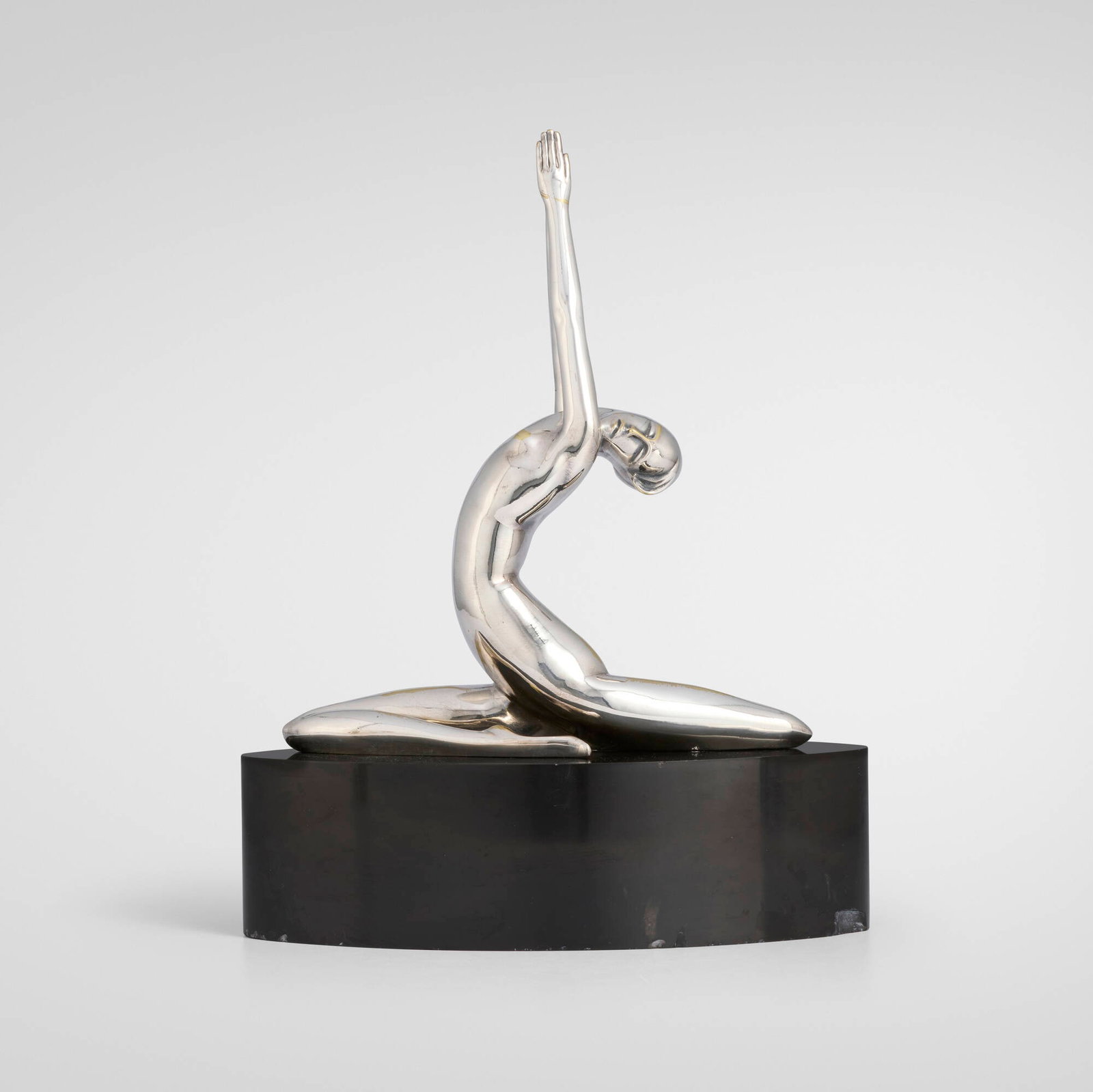 Philippe Devriez, Moderne Dancer (sculpture): Philippe Devriez Moderne Dancer (sculpture) c. 1930 silvered bronze, onyx 17 h x 13.25 w x 5.75 d in (43 x 34 x 15 cm) Incised signature to top of base 'Devriez'. This work will ship from