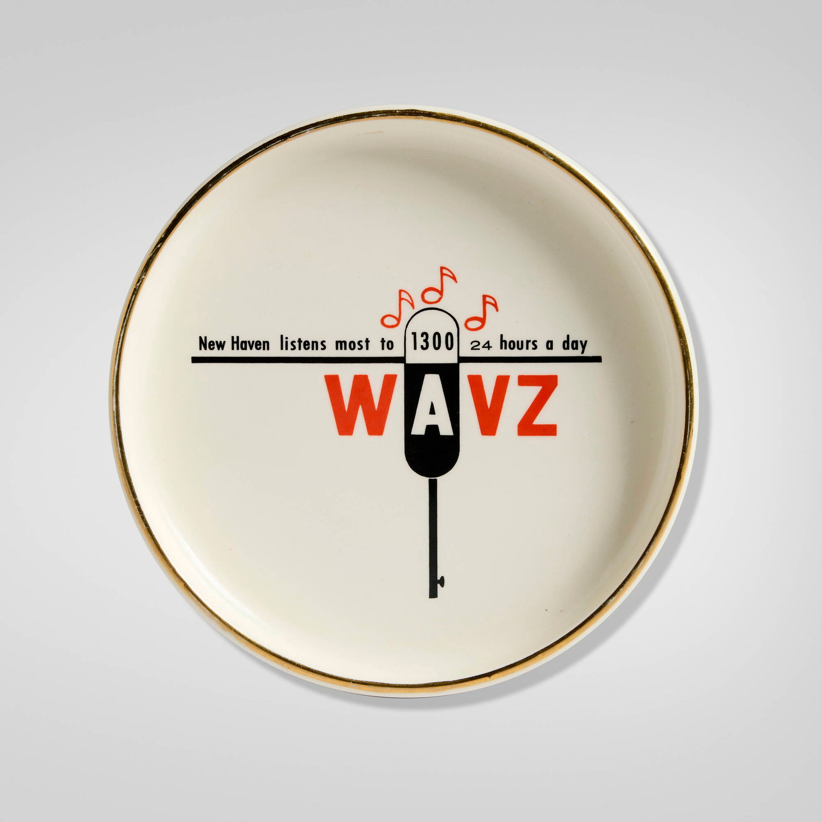 T.R. Mintz Sales Co., WAVZ radio station commemorative ashtray: T.R. Mintz Sales Co. WAVZ radio station commemorative ashtray USA, c. 1960 screenprint in colors on glazed and gilt ceramic 1 h x 7 dia in (3 x 18 cm) Stamped manufacturer's mark to underside