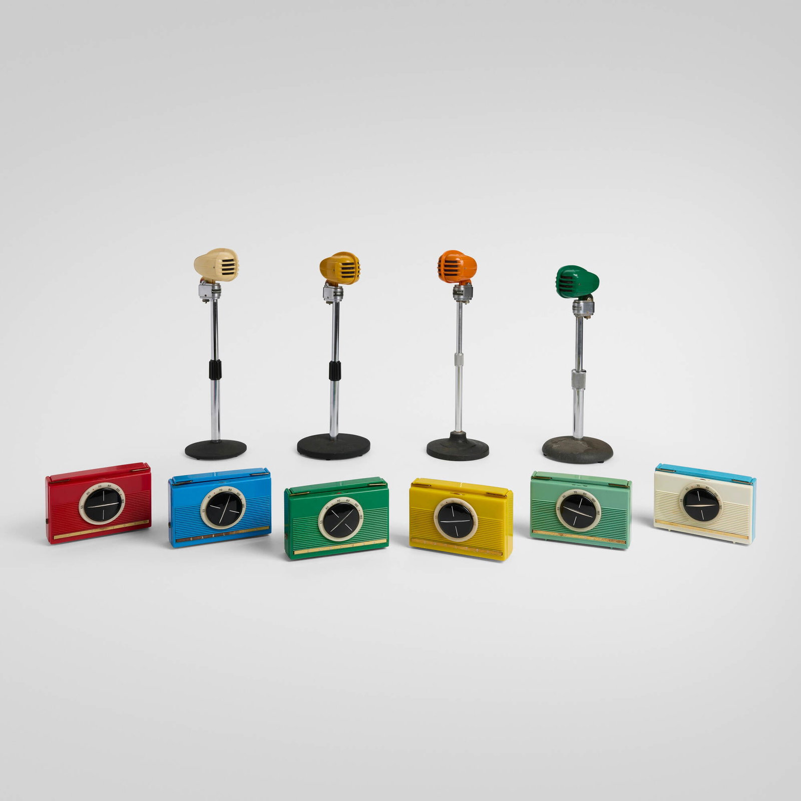 Japanese and Turner Microphone Company, Collection of transistor radios and microphones: Japanese and Turner Microphone Company Collection of transistor radios and microphones c. 1940-1955 plastic, enameled cast iron, chrome-plated steel, aluminum, brass microphone (each): 13.75 h x 6
