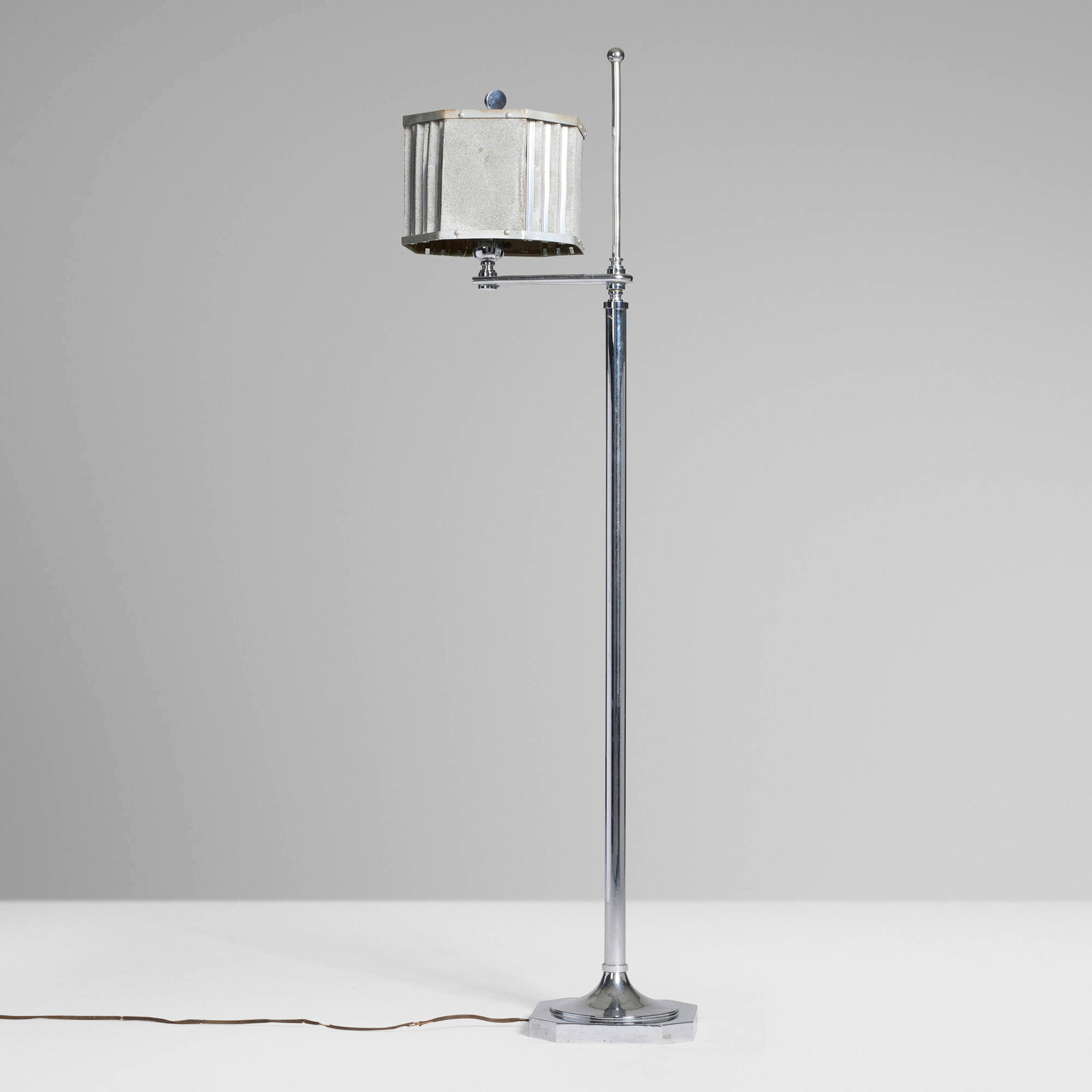 Machine Age, Floor lamp: Machine Age Floor lamp USA, c. 1935 chrome-plated steel and brass, lacquered steel mesh 57.375 h x 10 w x 14.5 d in (146 x 25 x 37 cm) Provenance: Private Collection This work will ship from Chicago,