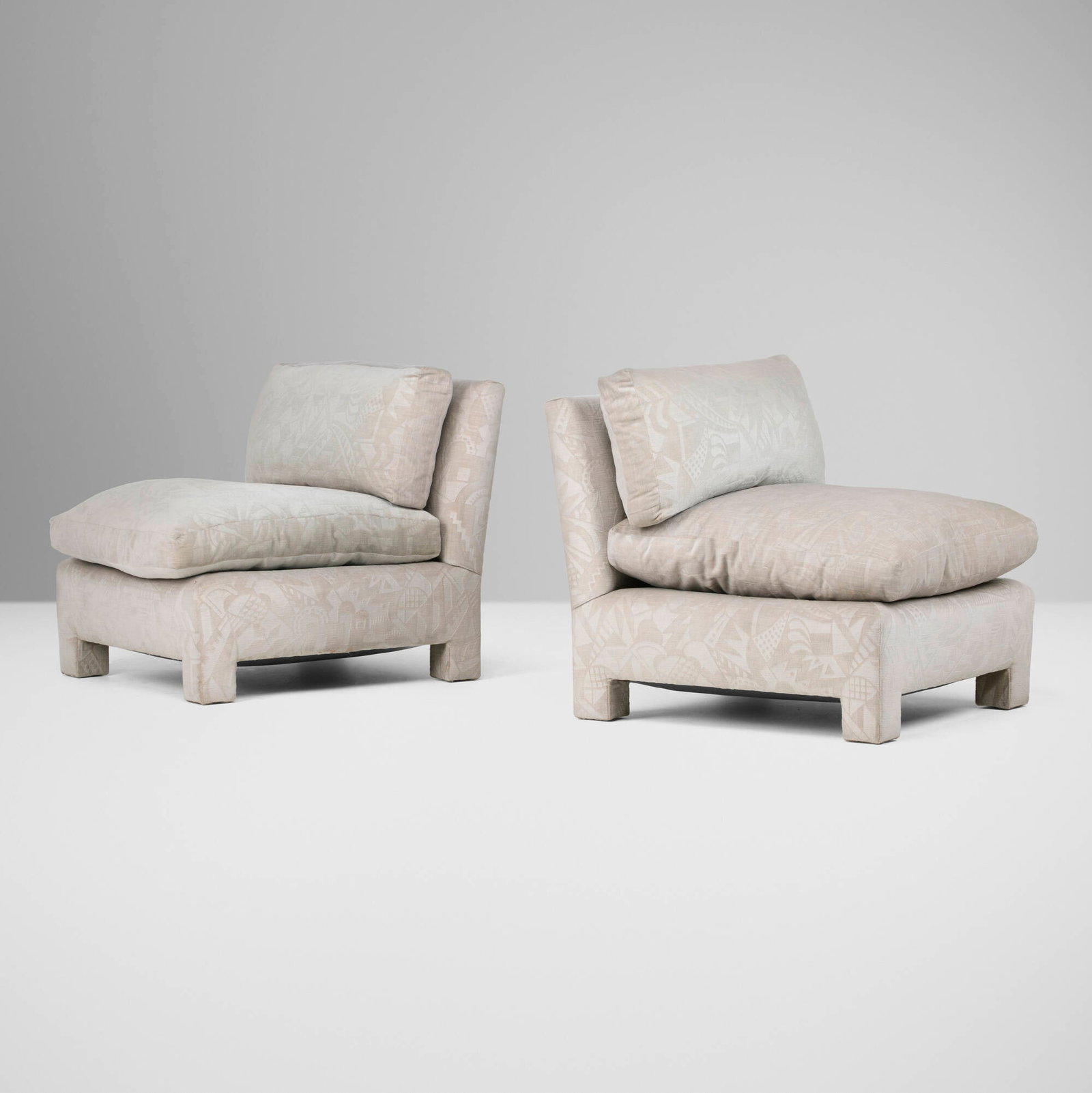 Paul Frankl, attribution, Low lounge chairs, pair: Paul Frankl, attribution Low lounge chairs, pair USA, c. 1940 upholstery 28 h x 28.5 w x 33 d in (71 x 72 x 84 cm) This work will ship from Lambertville, New Jersey.