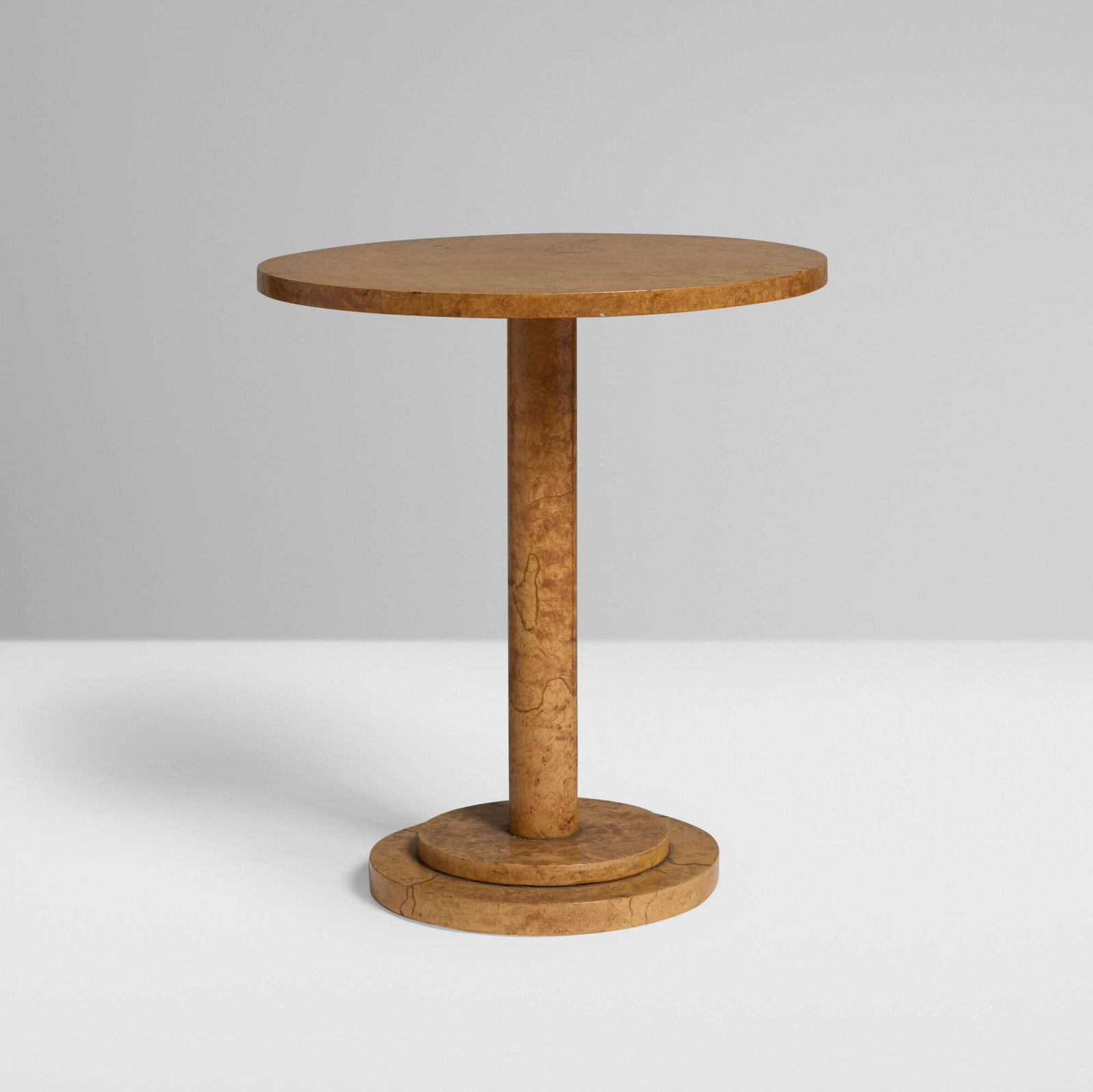 Art Deco, Occasional table: Art Deco Occasional table c. 1925 elm burl 25 h x 22.125 dia in (63 x 56 cm) Metal distributor's label to underside 'Boaler, Burchell & Dillon Incorporated Chicago'. This work will