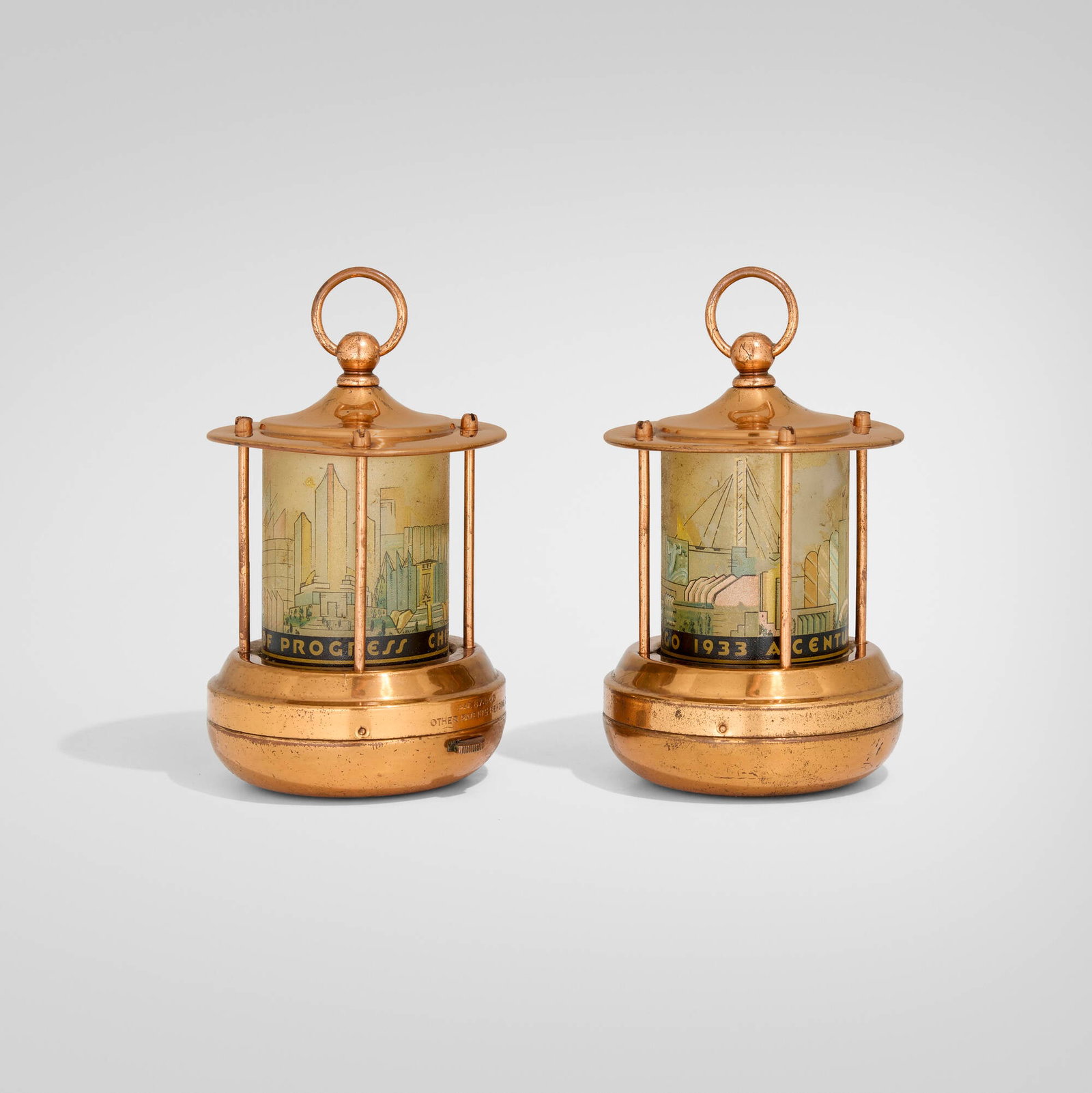 Chase Brass & Copper Co., Binnacle Light lanterns for 1933 A Century of Progress, Chicago, pair: Chase Brass & Copper Co. Binnacle Light lanterns for 1933 A Century of Progress, Chicago, pair USA, 1933 copper, polychrome-enameled frosted glass 5.5 h x 3.25 dia in (14 x 8 cm) Impresses