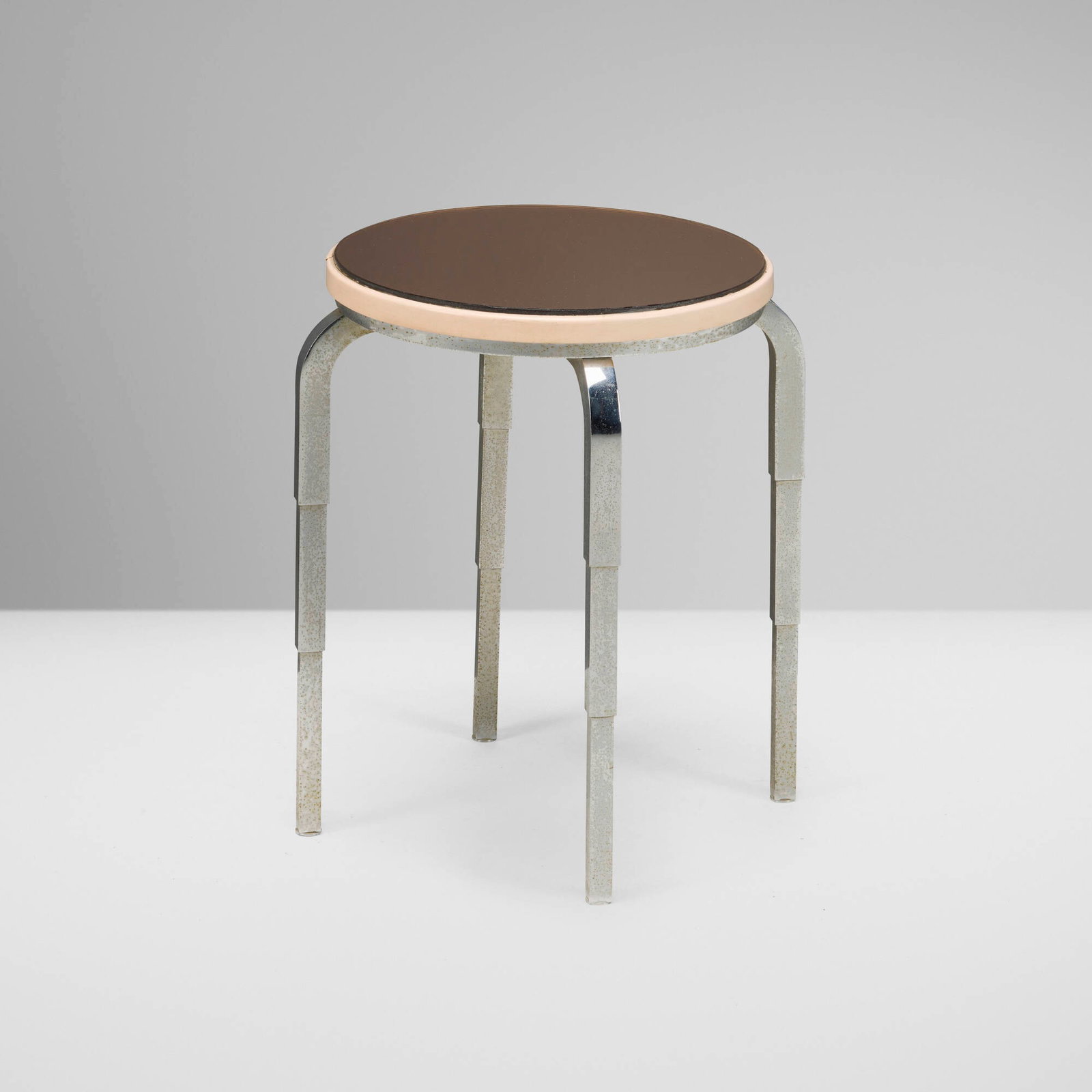 Hoegger, Occasional table: Hoegger Occasional table USA, c. 1940 chrome-plated metal, lacquered wood, tinted mirrored glass 17.25 h x 15 dia in (44 x 38 cm) Metal manufacturer's label to underside 'designed and