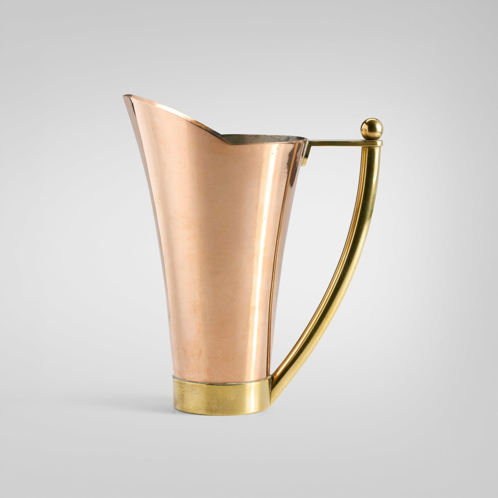 Walter von Nessen, Tavern pitcher, model 17026: Walter von Nessen Tavern pitcher, model 17026 Chase Brass & Copper Co. USA, c. 1935 copper, brass 10 h x 8 w x 5.5 d in (25 x 20 x 14 cm) An example of this design is in the permanent collection of