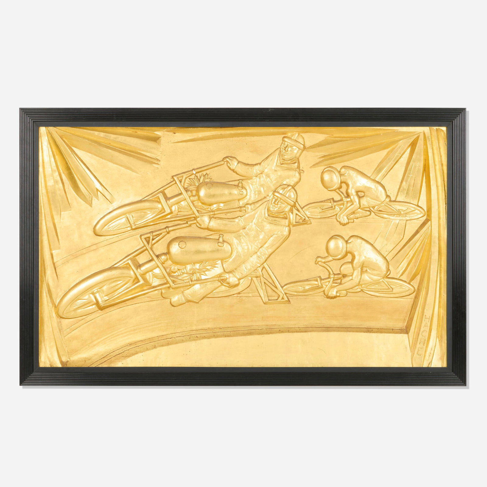 Louis Hache, Depart de la course au Velodrome d'Hiver (bas-relief panel): Louis Hache Depart de la course au Velodrome d'Hiver (bas-relief panel) Belgium, c. 1950 gold leaf on plaster 35.5 h x 59 w x 2 d in (90 x 150 x 5 cm) Carved signature to lower right
