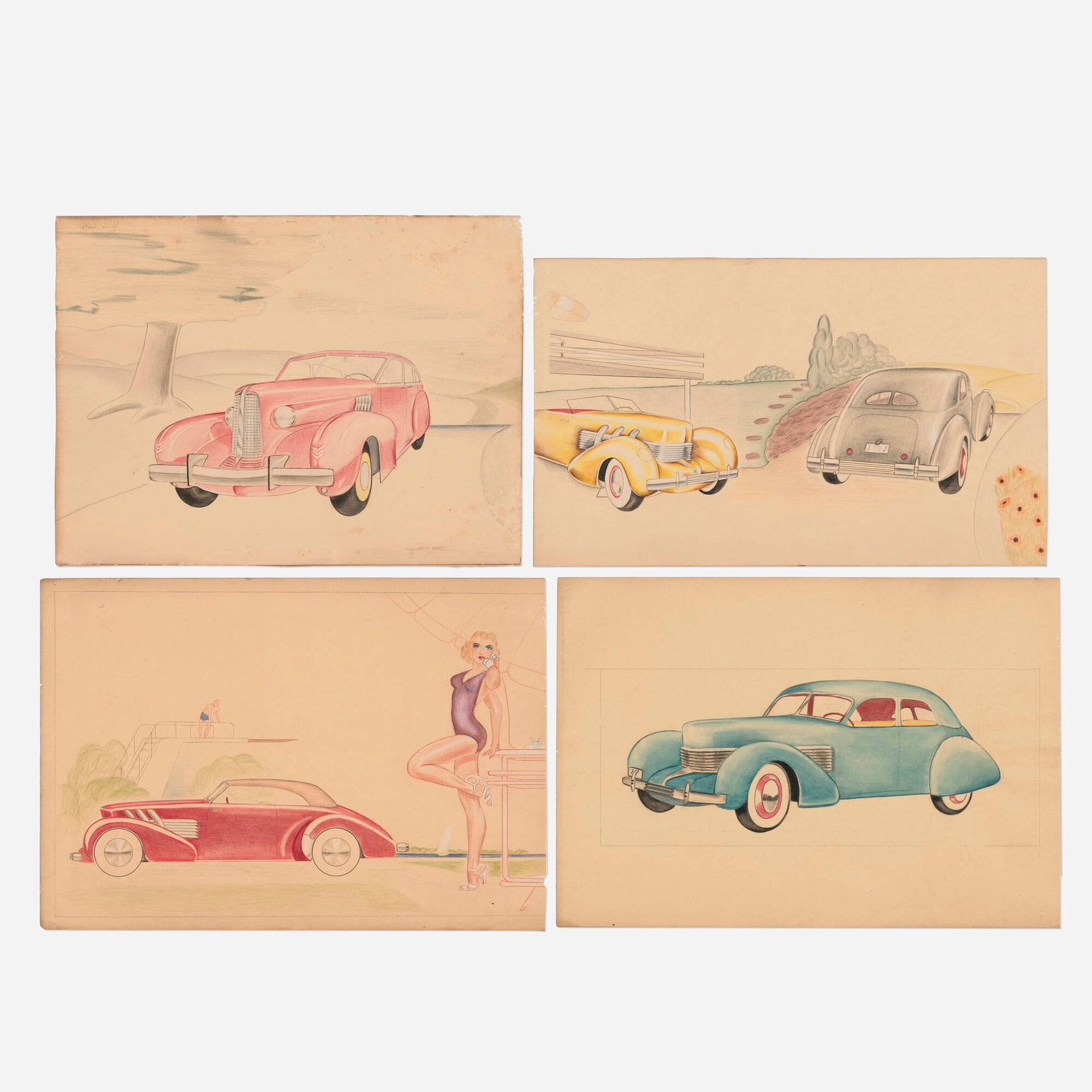 Machine Age, Collection of four streamlined car/automobile renderings: Machine Age Collection of four streamlined car/automobile renderings c. 1935-39 watercolor, pencil and colored pencil on paper; colored pencil, graphite and ink on paper largest: 12 h x 17.25 w in