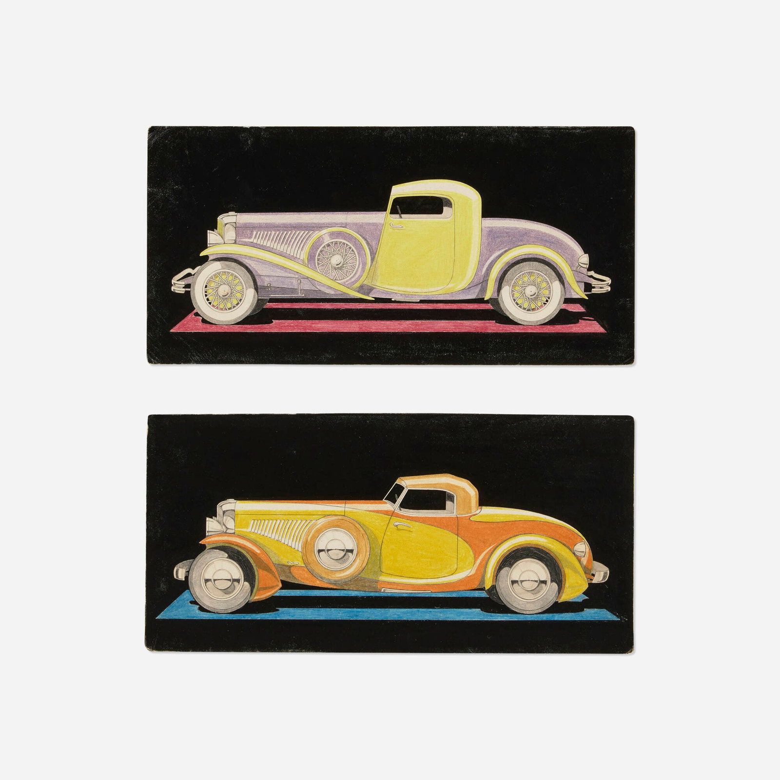 Machine Age, Streamlined coupe car/automobile renderings, set of two: Machine Age Streamlined coupe car/automobile renderings, set of two 1932 colored pencil, graphite and ink on paper each: 5.5 h x 11.25 w in (14 x 29 cm) Inscribed to verso of each work '682