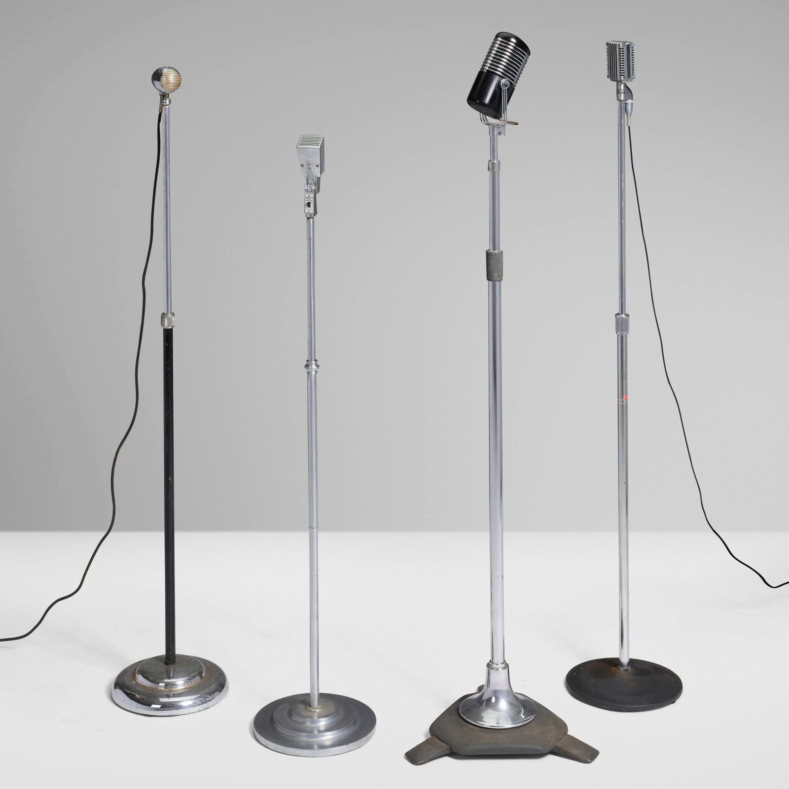 Machine Age, Collection of four floor microphones: Machine Age Collection of four floor microphones USA, c. 1940-1960 chrome-plated steel and brass, enameled cast iron, aluminum, lacquered aluminum, electronics largest: 59.25 h x 16 dia in (150 x 41