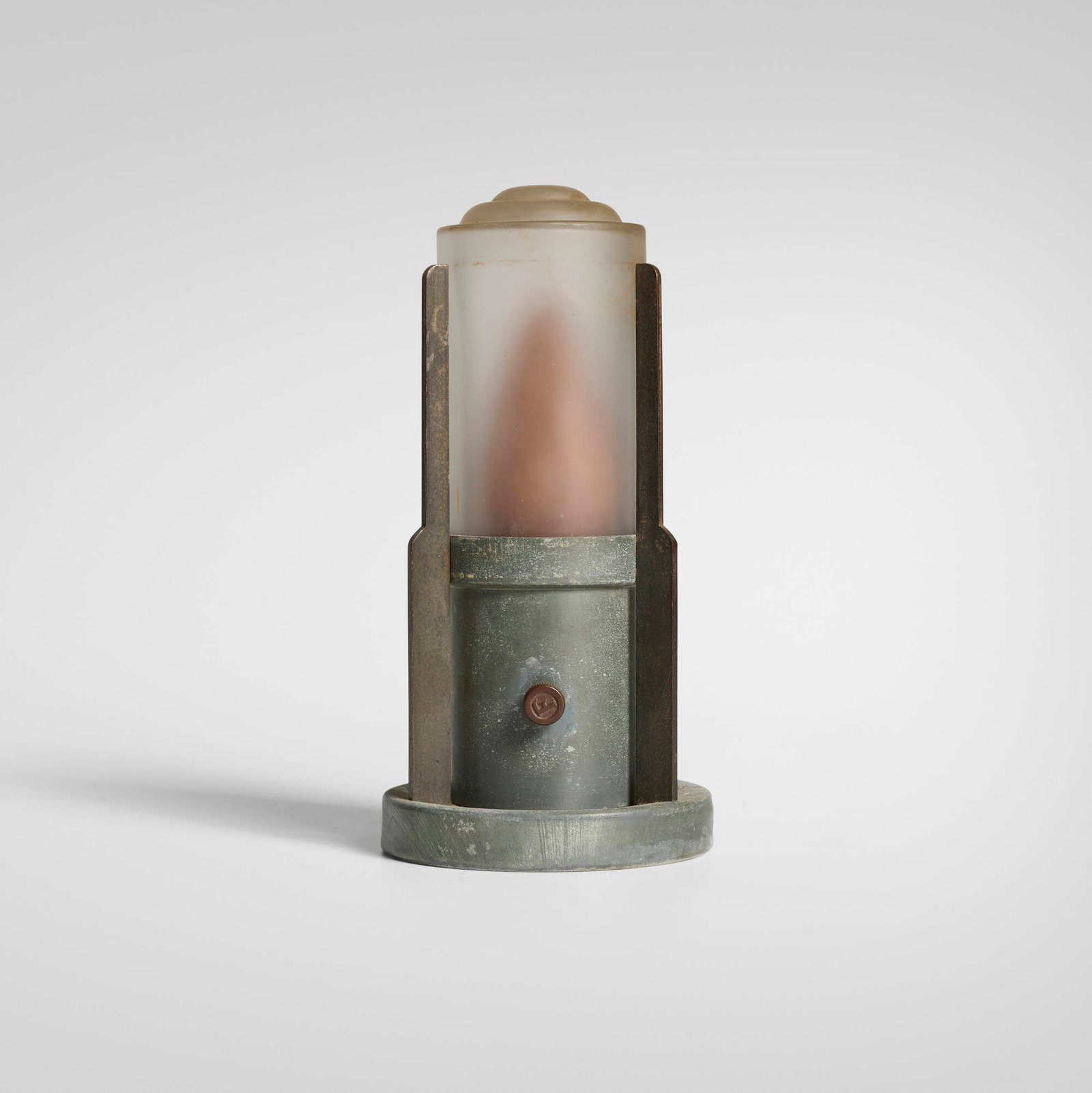 Walter von Nessen, attribution, Table lamp: Walter von Nessen, attribution Table lamp USA, c. 1935 aluminum, frosted glass, patinated steel, plastic 8 h x 4 dia in (20 x 10 cm) Molded manufacturer's mark to switch 'F'.
