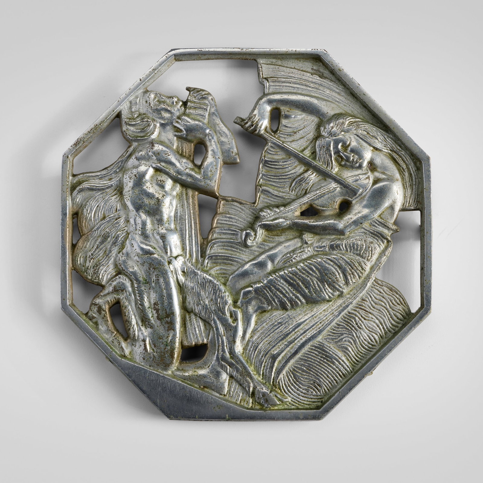 Art Deco, Decorative plaque with satyr and nymph: Art Deco Decorative plaque with satyr and nymph c. 1925 nickel-plated bronze 11 h x 10.875 w x 1 d in (28 x 28 x 3 cm) This work will ship from Lambertville, New Jersey.