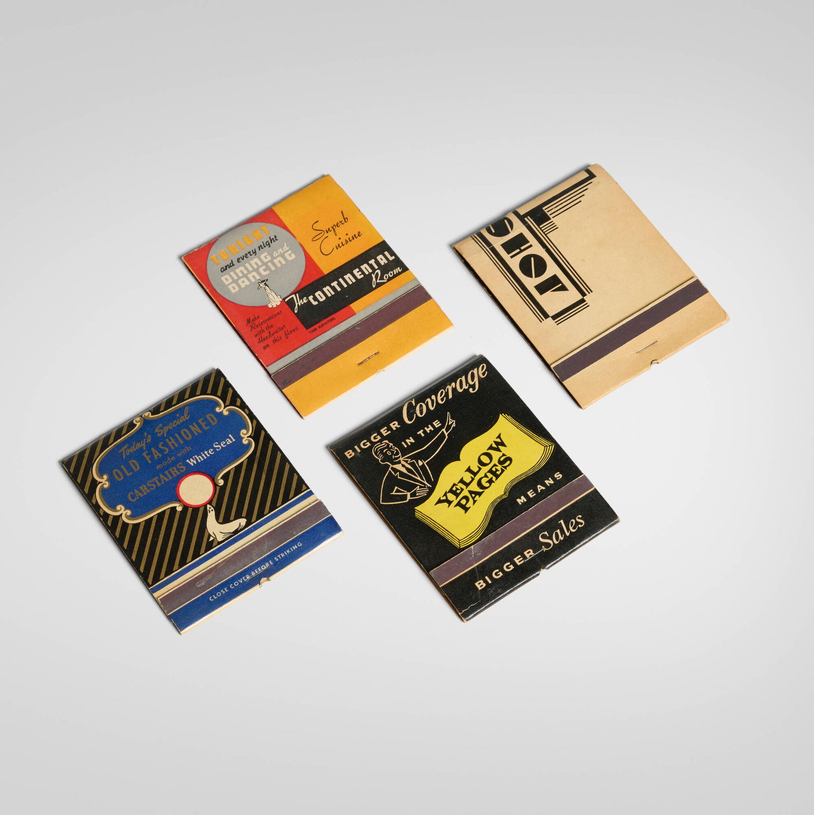Vintage, Collection of four oversized matchbooks: Vintage Collection of four oversized matchbooks c. 1930-1950 offset lithograph in colors on paper, matchsticks 4.25 h x 3.375 w x 0.25 d in (11 x 9 x 1 cm) Collection is comprised of examples made