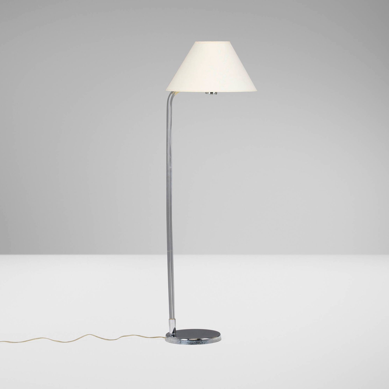 Dorothy Thorpe, attribution, Floor lamp: Dorothy Thorpe, attribution Floor lamp c. 1965 chrome-plated steel, acrylic, paper shade 52.5 h x 16 dia in (133 x 41 cm) Period decal safety certification label to underside 'Underwriters