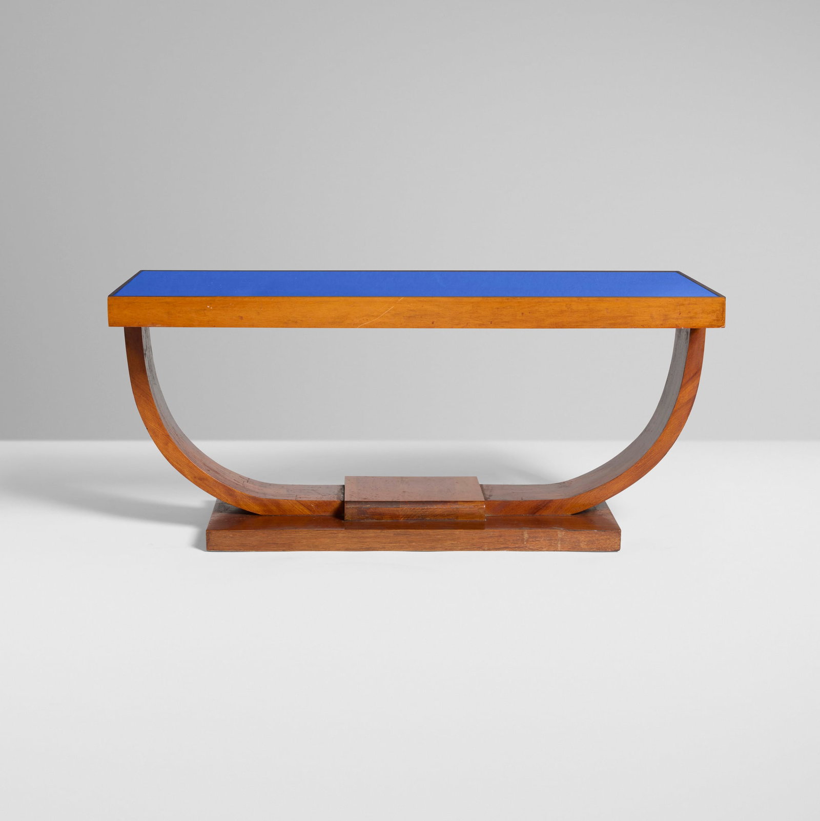Art Deco, Coffee table: Art Deco Coffee table c. 1940 mahogany, glass 14.75 h x 34 w x 15.5 d in (37 x 86 x 39 cm) Stamped manufacturer's mark to underside 'C.P. Co.'. Provenance: Private Collection <