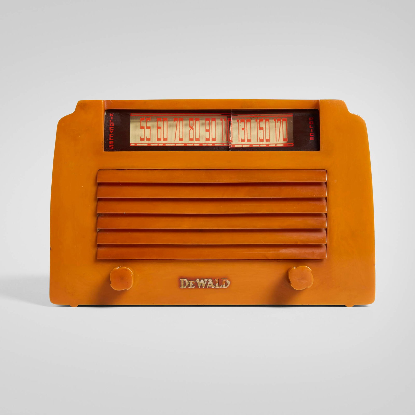 DeWald Radio Manufacturing Corporation, Step-Top radio, model A-502: DeWald Radio Manufacturing Corporation Step-Top radio, model A-502 USA, 1946 Catalin, plastic 6.25 h x 9.875 w x 6.5 d in (16 x 25 x 17 cm) Stamped manufacturer's mark to reverse 'DeWald