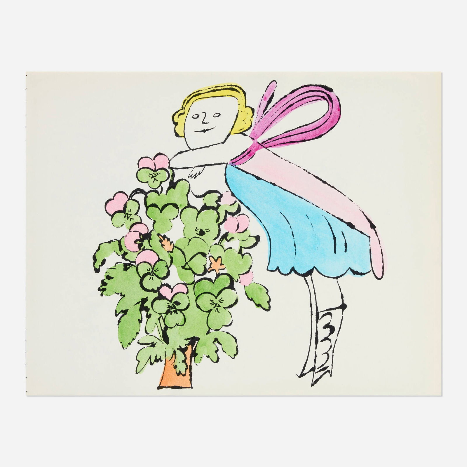 Andy Warhol, Untitled (Plate XIII from In The Bottom of My Garden): Andy Warhol Untitled (Plate XIII from In The Bottom of My Garden) c. 1956 offset lithograph with hand-coloring 8.5 h x 10.875 w in (22 x 28 cm) Literature: Feldman/Schellman IV.98B This work will