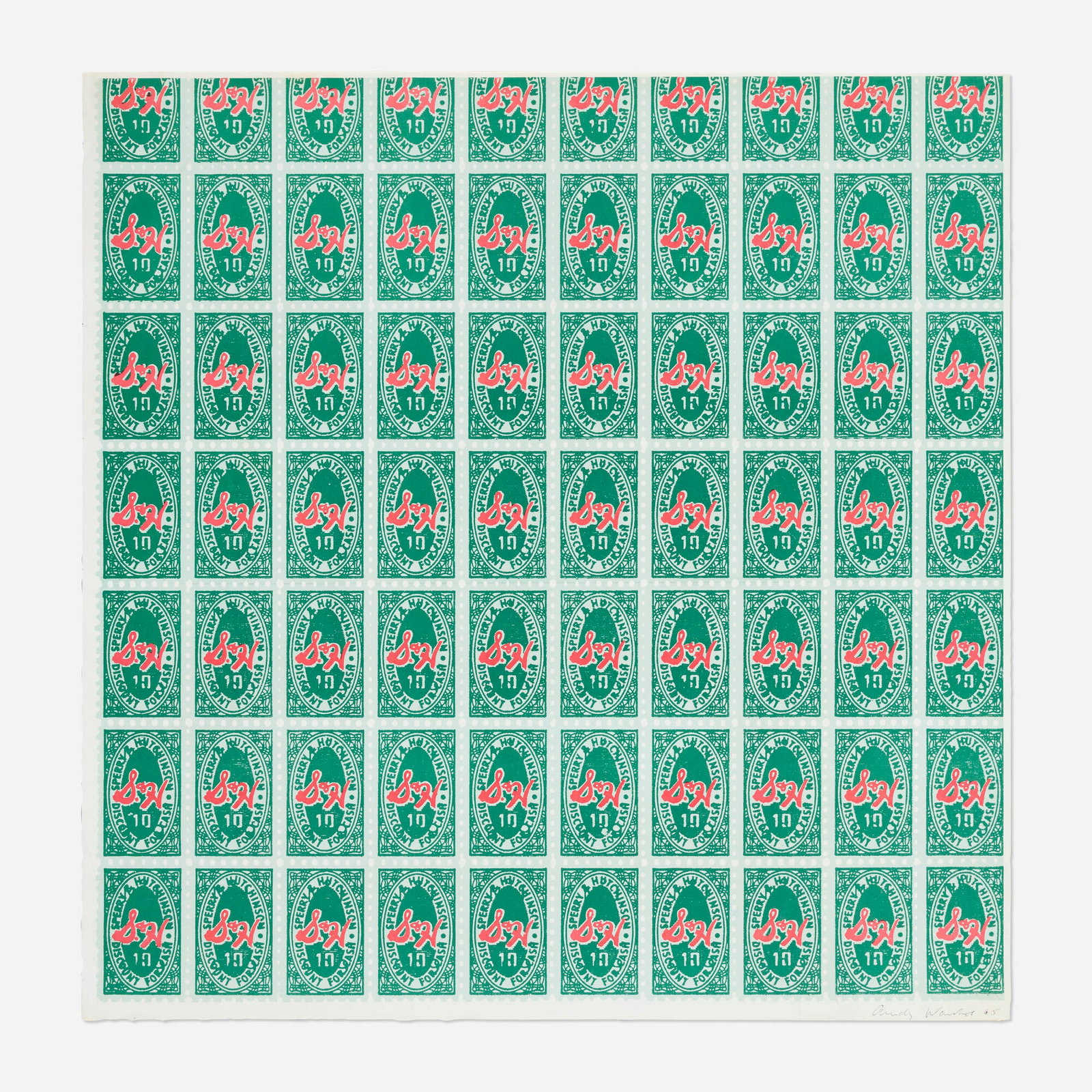 Andy Warhol, S&H Green Stamps: Andy Warhol S&H Green Stamps 1965 offset lithograph in colors image: 22.25 h x 22 w in (57 x 56 cm) sheet: 23 h x 22.625 w in (58 x 57 cm) Signed and dated to lower right 'Andy Warhol 6