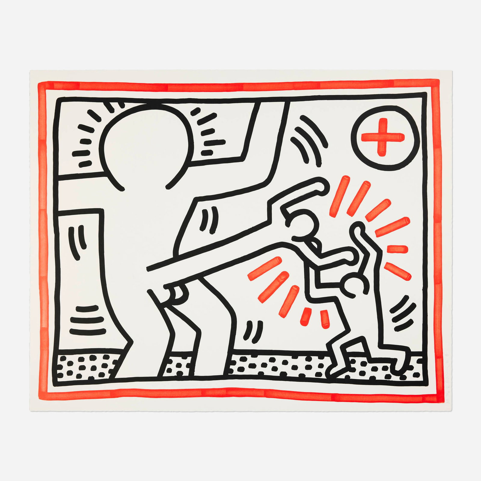 Keith Haring, Untitled (from the Three Lithographs series): Keith Haring Untitled (from the Three Lithographs series) 1985 screenprint in colors on BFK Rives image: 30.5 h x 38 w in (77 x 97 cm) sheet: 31.875 h x 39.5 w in (81 x 100 cm) Signed, dated, and
