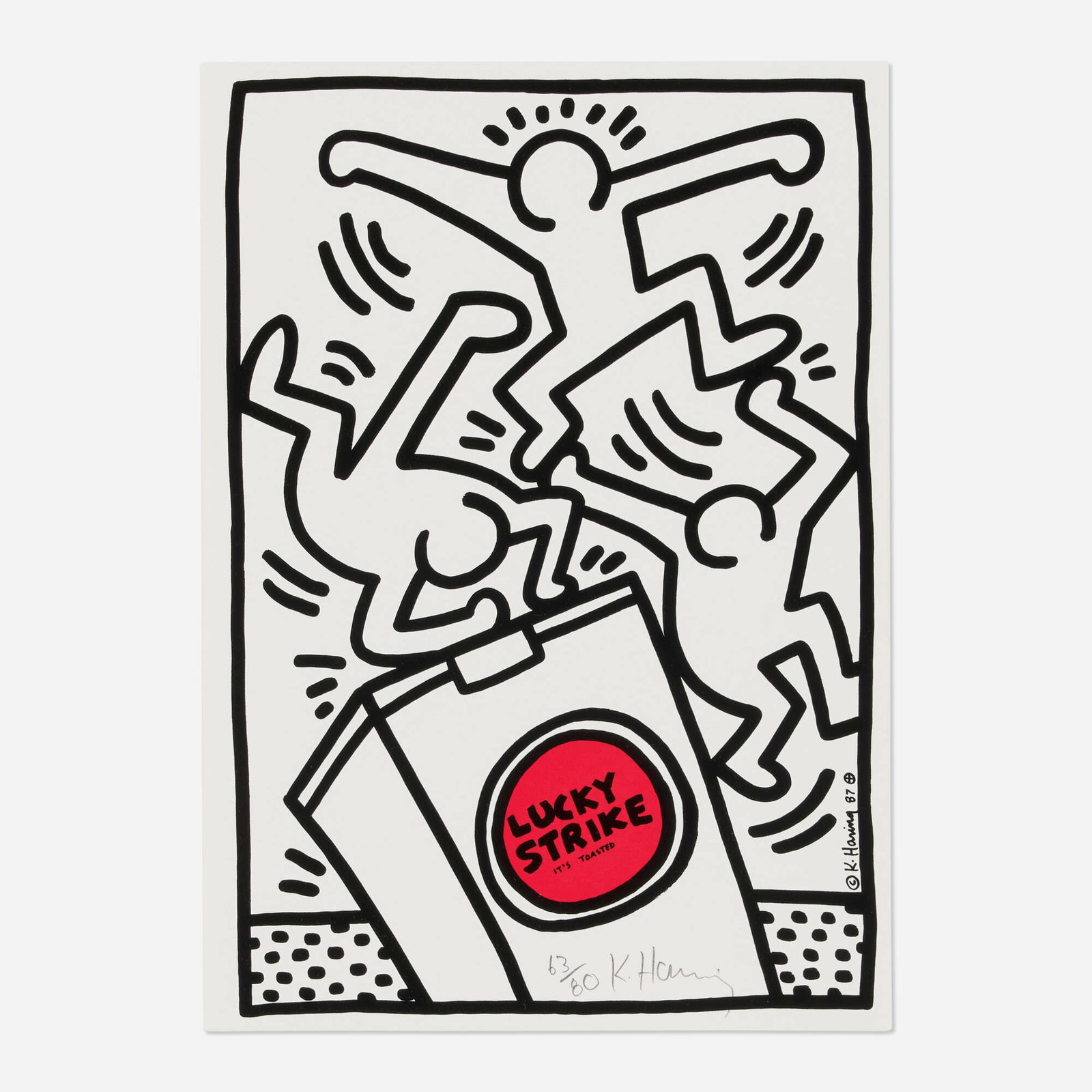 Keith Haring, Plate 4 (from the Lucky Strike portfolio): Keith Haring Plate 4 (from the Lucky Strike portfolio) 1987 screenprint in colors image: 11.125 h x 7.625 w in (28 x 19 cm) sheet: 11.75 h x 8.25 w in (30 x 21 cm) Signed and dated to lower edge