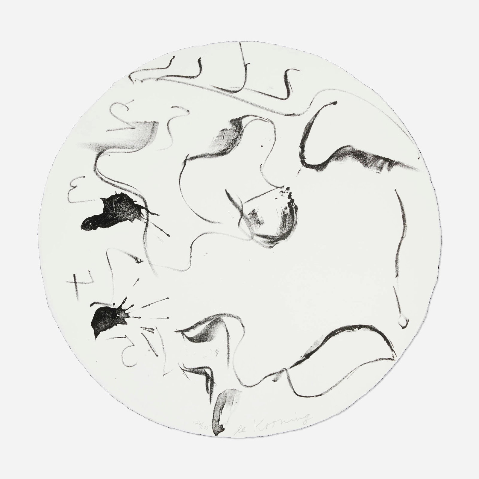 Willem de Kooning, Untitled (from the Self-Portrait in a Convex Mirror portfolio): Willem de Kooning Untitled (from the Self-Portrait in a Convex Mirror portfolio) 1984 lithograph 17.75 dia in (45 cm) Signed and numbered to lower edge '126/175 de Kooning'. This work is