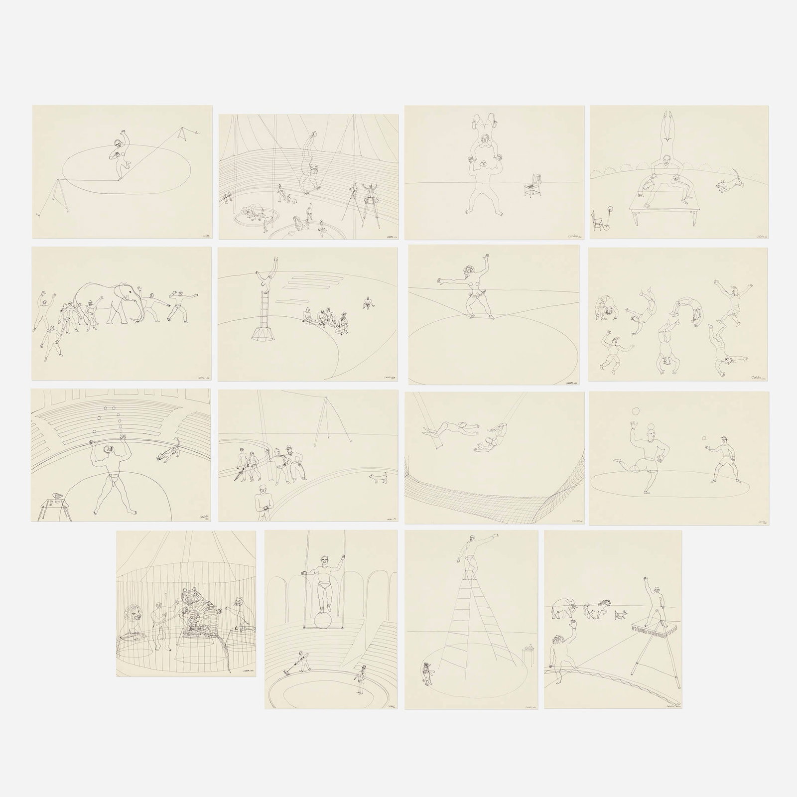 After Alexander Calder, Circus: After Alexander Calder Circus 1964 offset lithograph sheet (largest): 13.25 h x 17 w in (34 x 43 cm) sheet (smallest): 12 h x 17 w in (30 x 43 cm) This complete set of sixteen works is from the