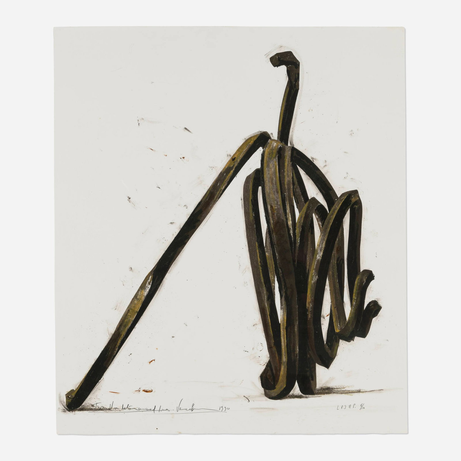 Bernar Venet, Two Undetermined Lines: Bernar Venet Two Undetermined Lines 1990 lithograph in colors with hand-drawn embellisments 45.5 h x 39.125 w in (116 x 99 cm) Signed, titled, dated, and numbered to lower edge 'Two Undetermined